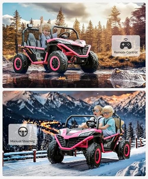 24V Ride on Car for Kids, 2 Seater XL 20″ Seat Ride on Toy, 10AH 4WD Pink