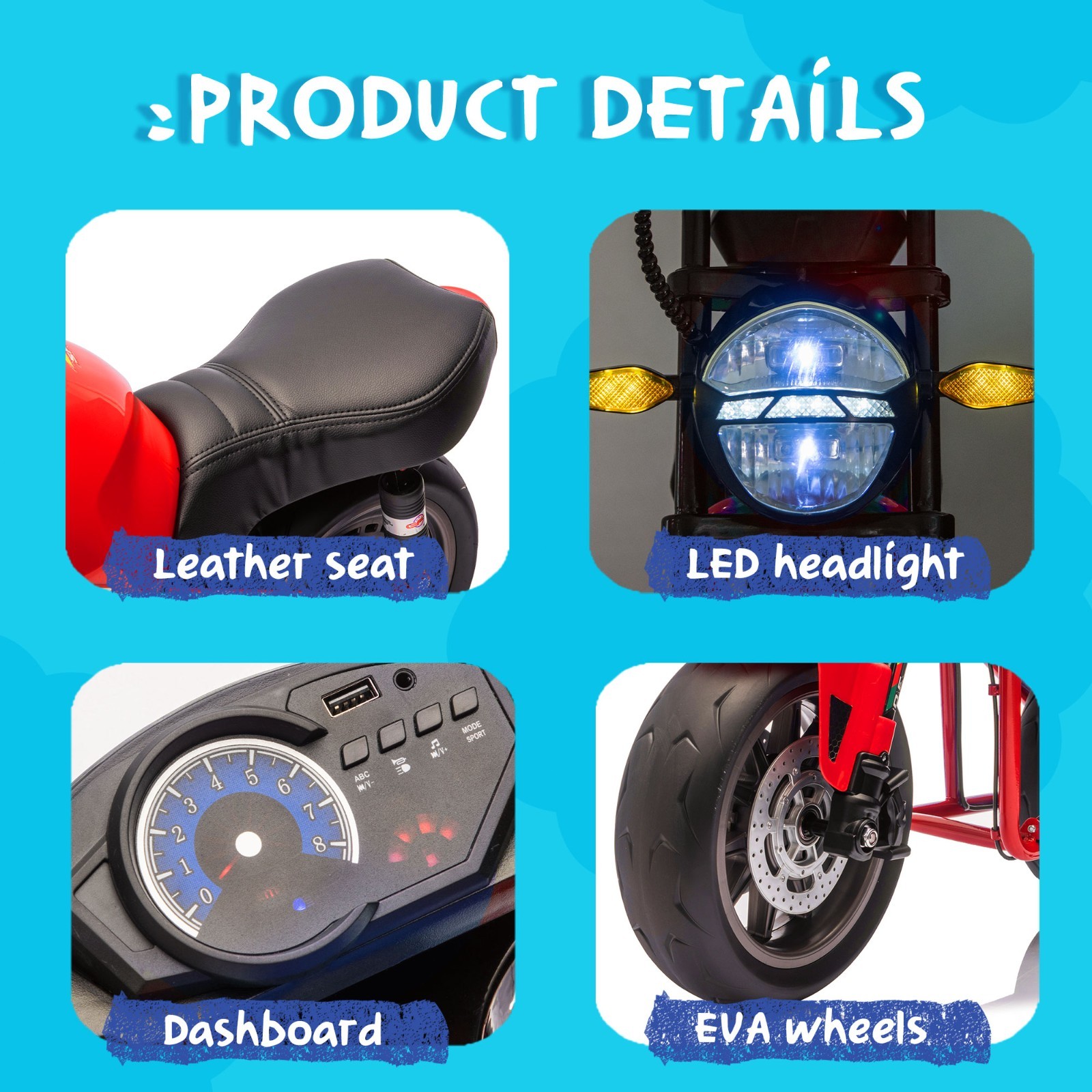 24V Kids Electric Motorcycle w/14in EVA Wheels, 300W Motor for Kids 6+,Red