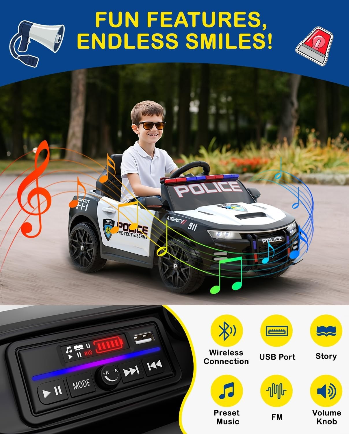 Police Car Ride on Electric Car for Kids to Drive Battery Powered Ride-On Toys C
