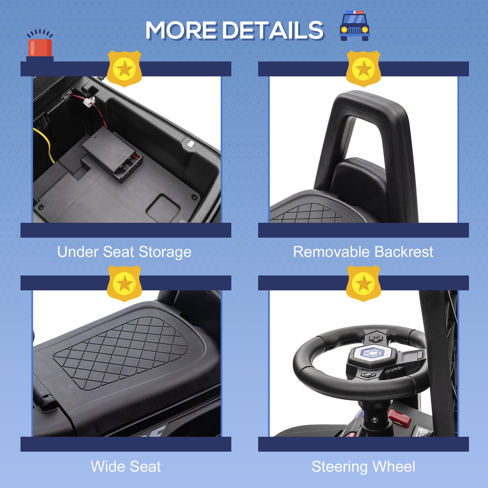 Kids Sliding Car Police Truck Style Ride On W/ Under-Seat Storage Black