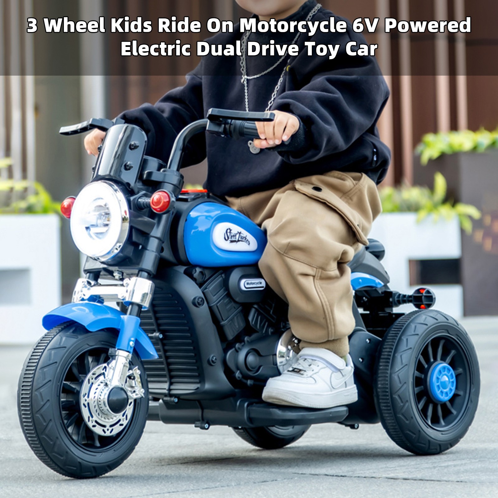 🏍️3 Wheel Kids Ride On Motorcycle 6V Powered Electric Dual Drive Toy Car Blue