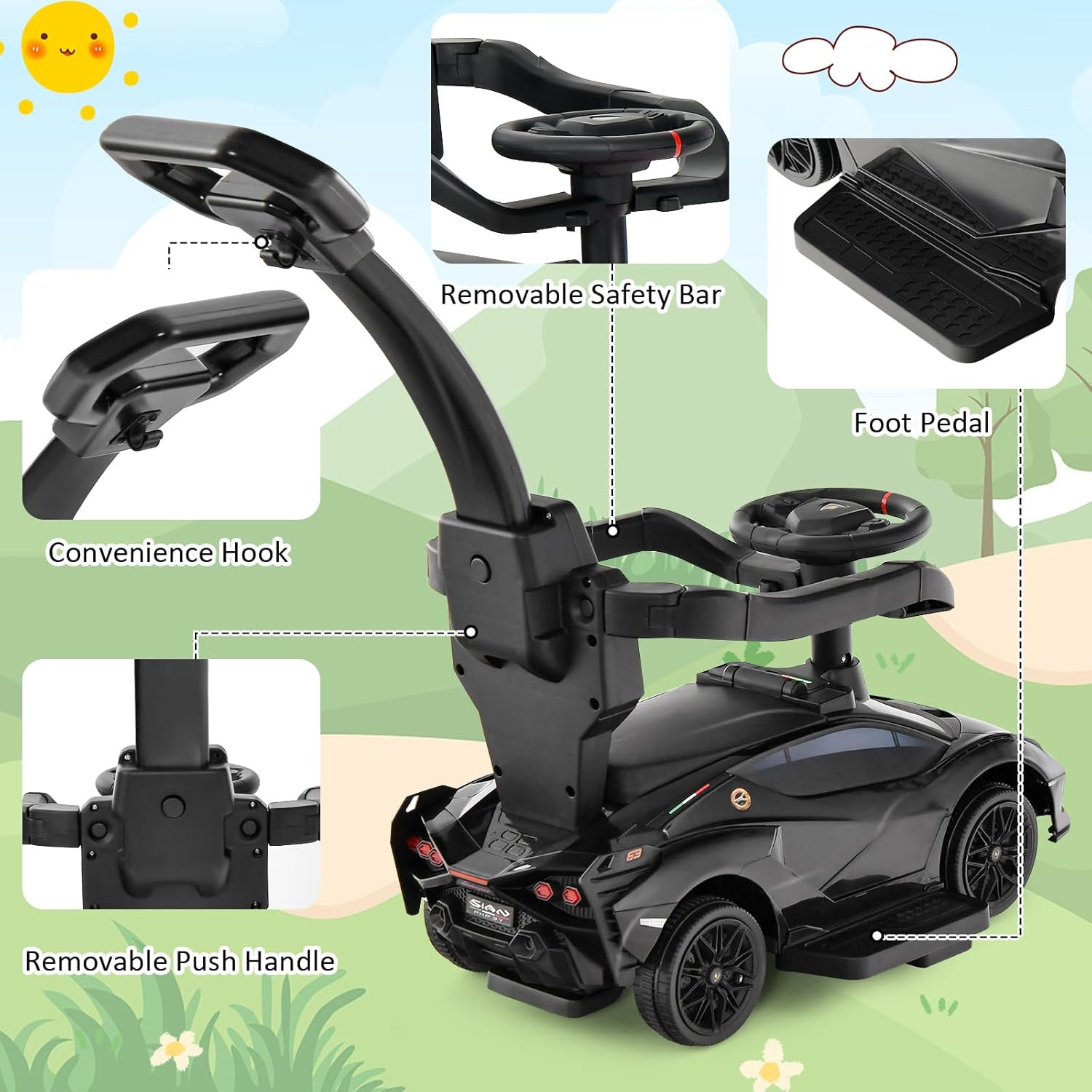 3 in 1 Ride on Push Car, Licensed Lamborghini Baby Stroller Sliding Walking Car