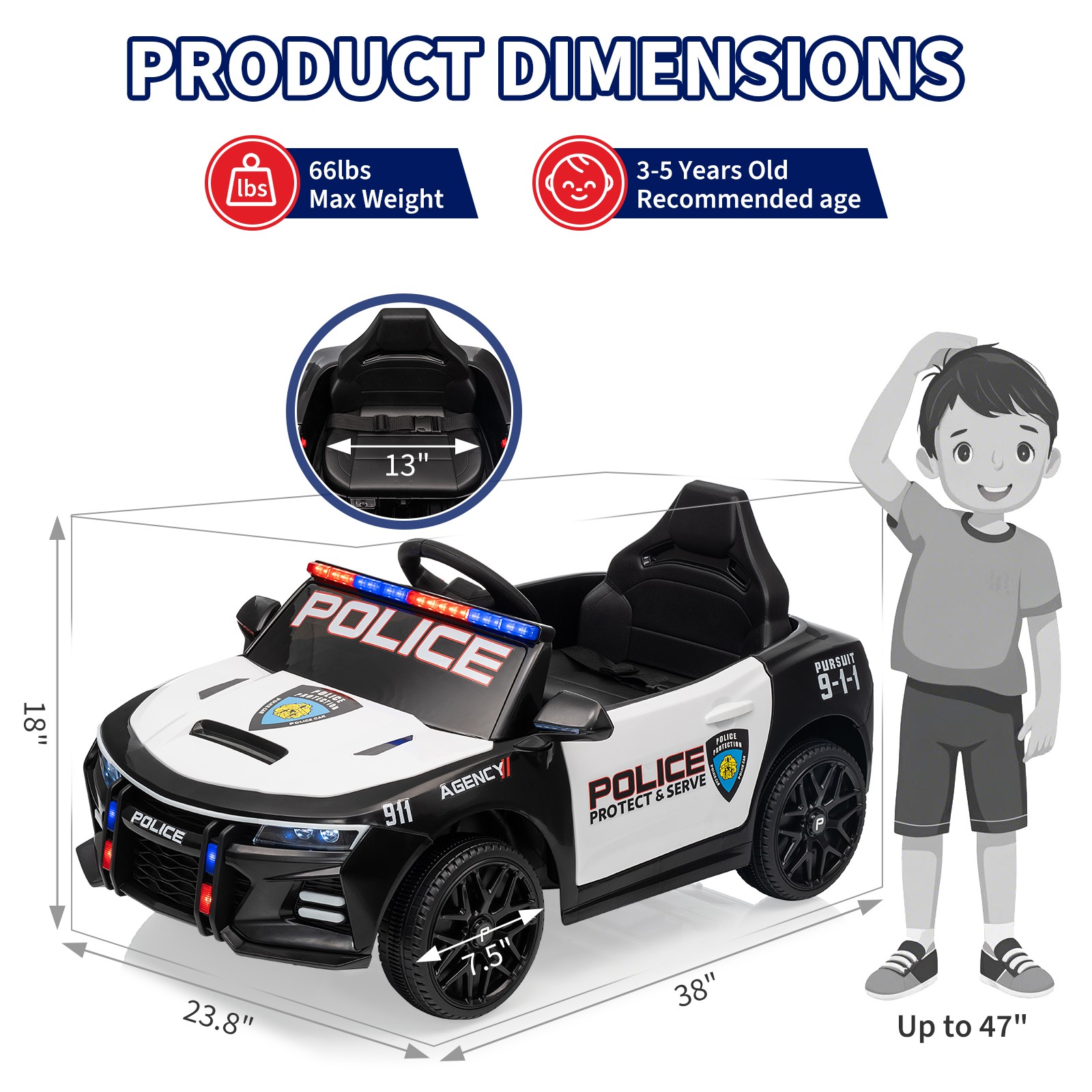 12V Ride On Police Car for Kid w/ Remote/ Emergency Alert Tones/Megaphone/Light
