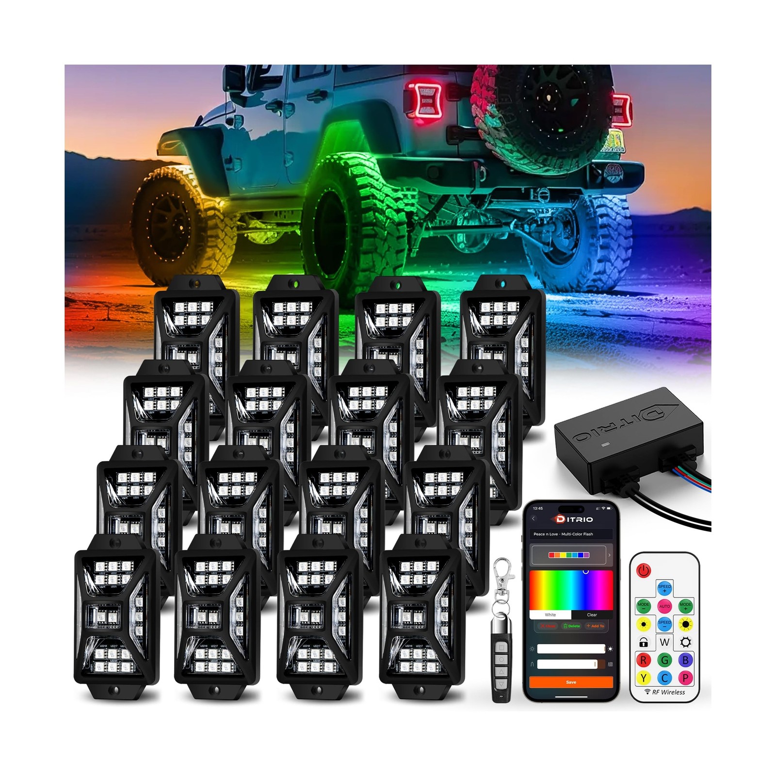 16 Pods Five Sided RGB Rock Lights for Trucks Jeep UTV SUV ATV Golf Cart, Mul…