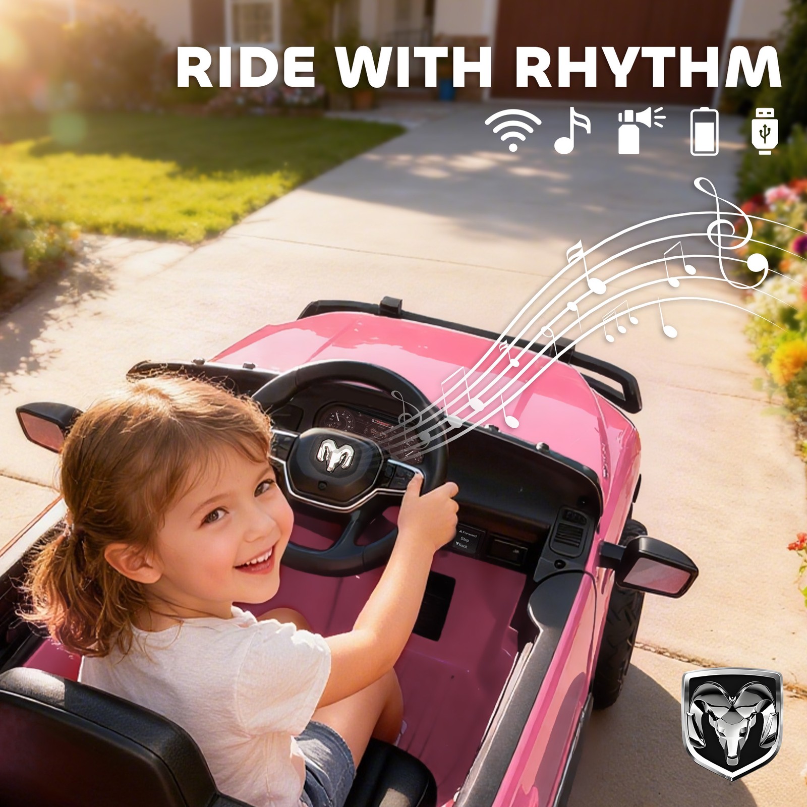 Qaba 12V Licensed Dodge RAM 3500 Kids Ride on Car with Dual Motors, Pink
