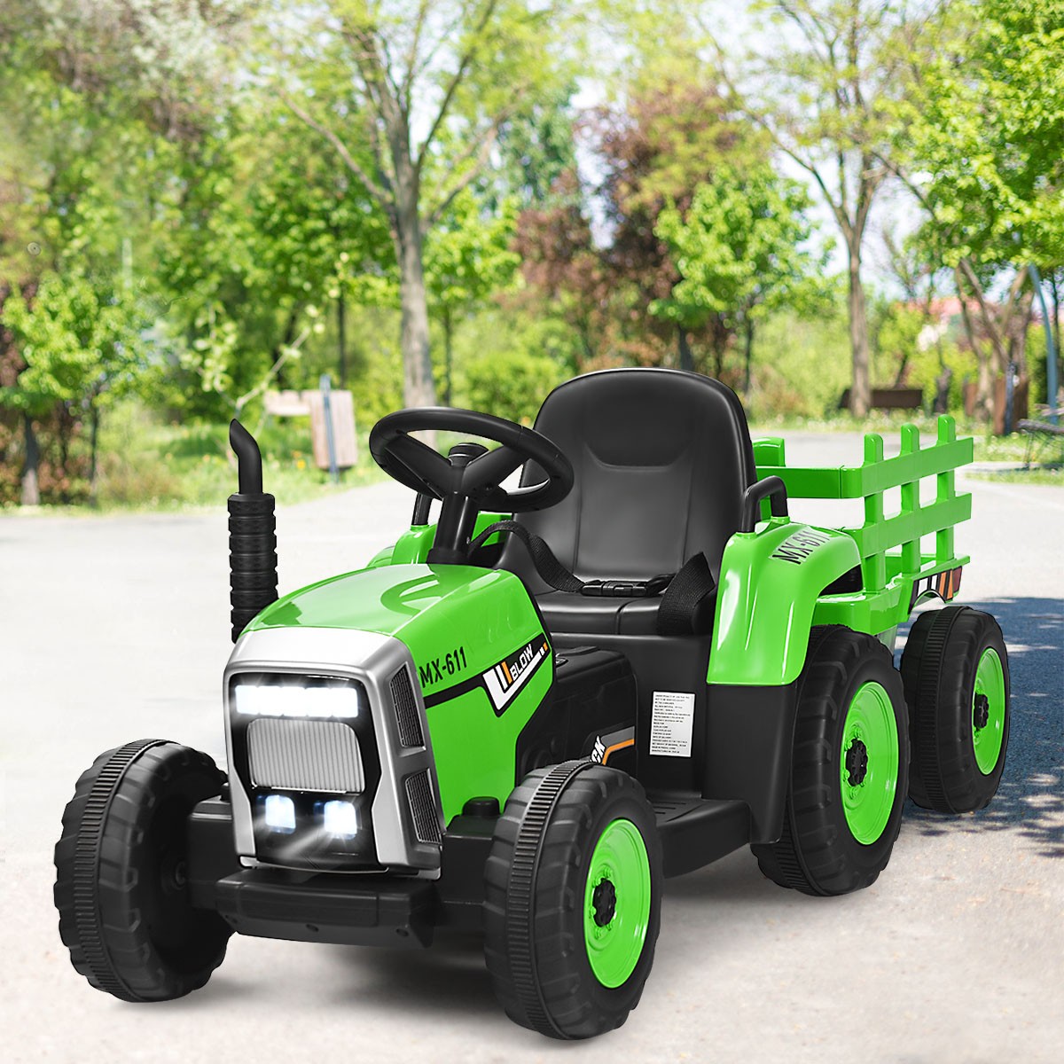 Honeyjoy 12V Kids Ride On Tractor with Trailer Ground Loader w/RC & Lights Green