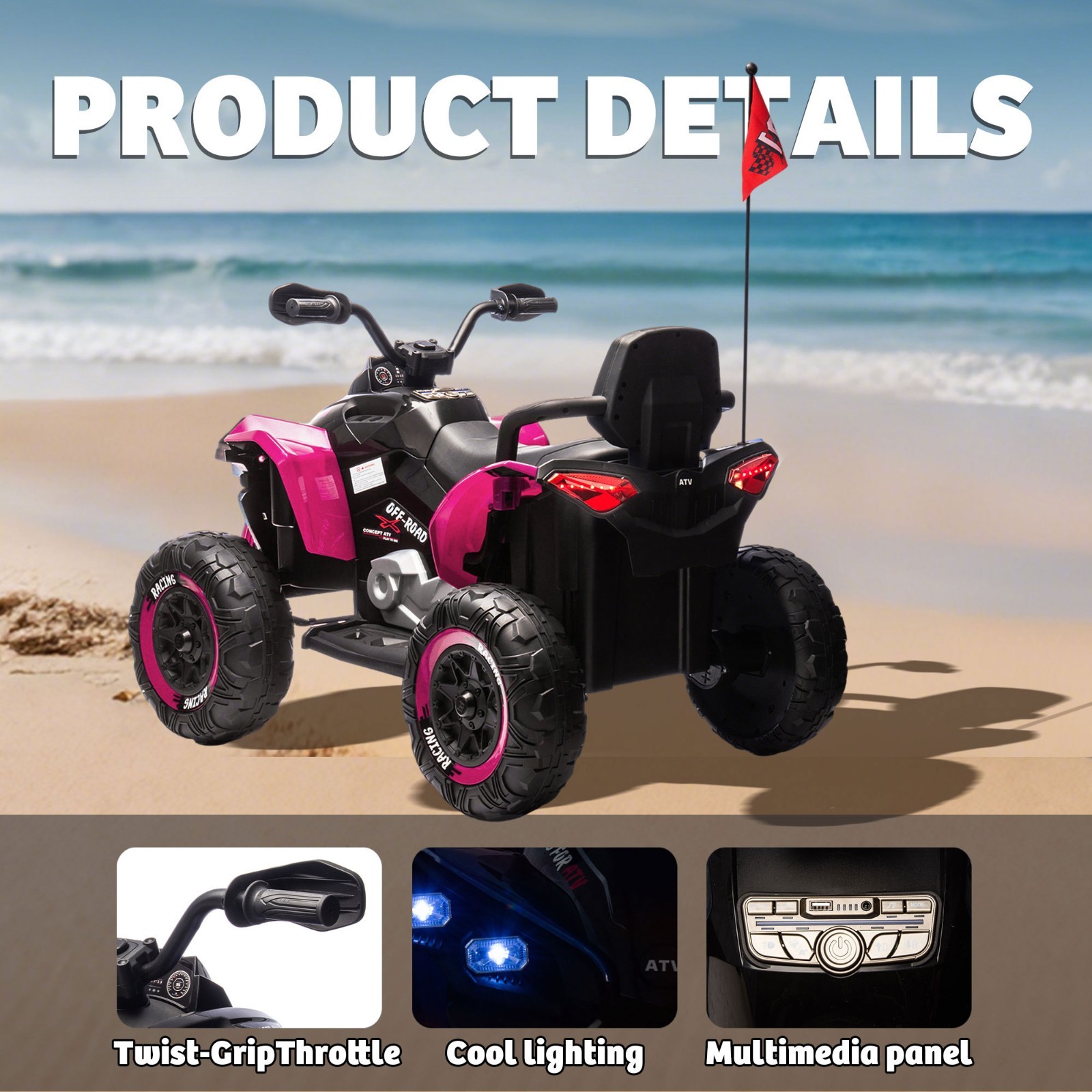 24V Kids Electric ATV Ride On Car W/Remote,LED,Battery Power Wheels Toys,Pink