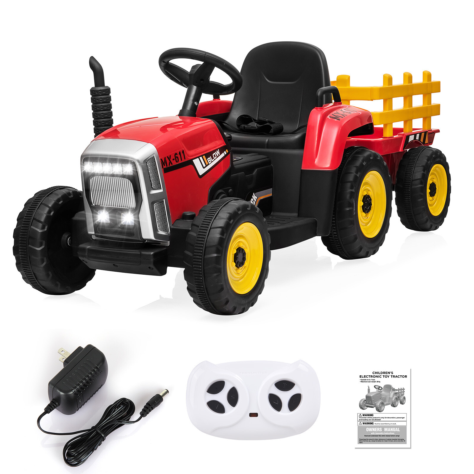 12V Kids Ride On Tractor Car with Trailer Electric Vehicle Toy w/ RC LED MP3 Red