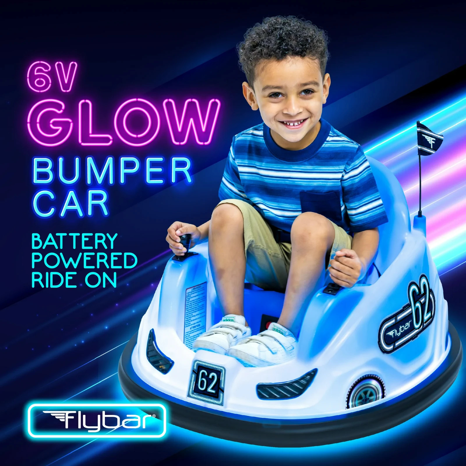 6V Blue Glow Bumper Car, Battery Powered Ride on for Children, Ages 1.5+, by Fly