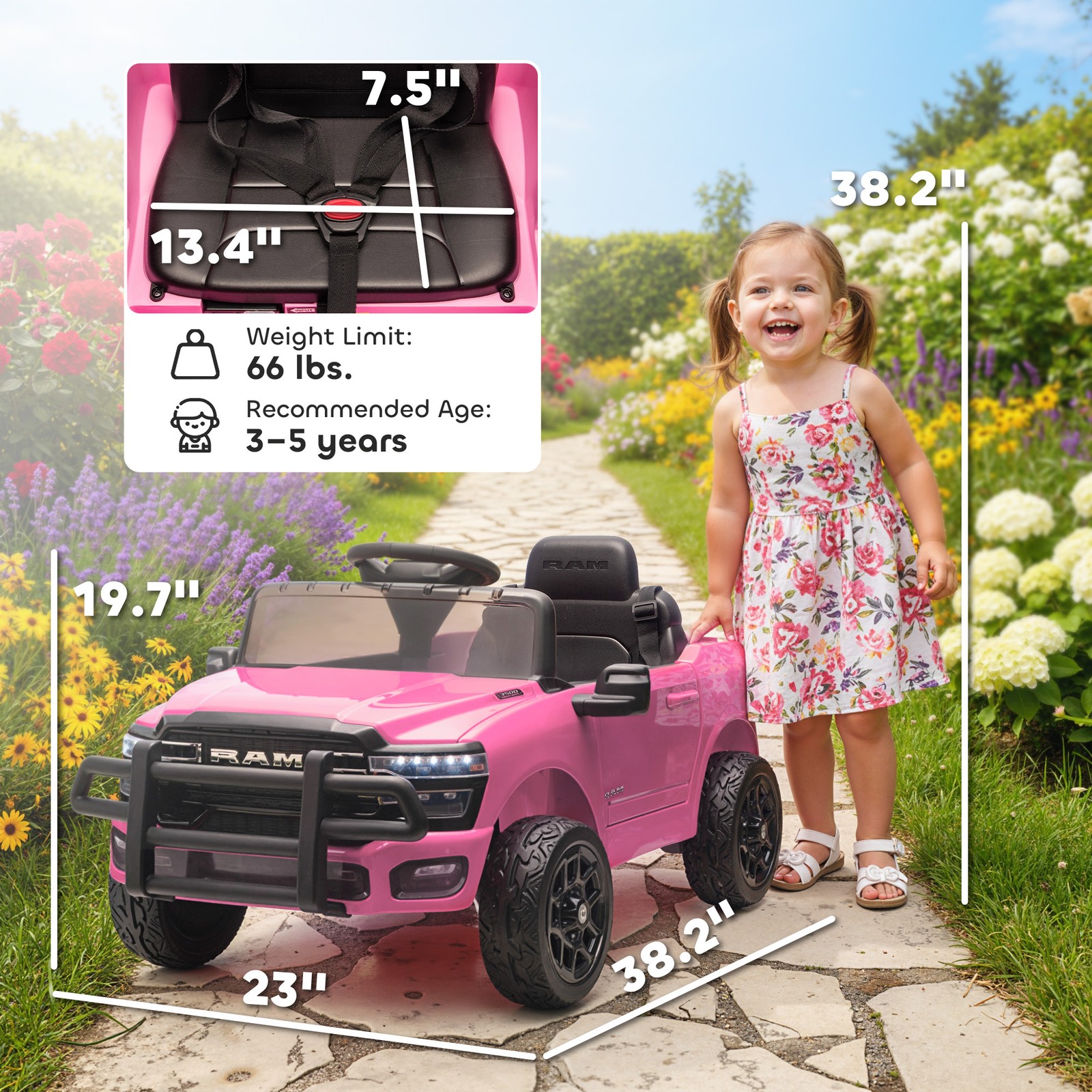 12V Licensed Dodge RAM 3500 Kids Ride on Car with Dual Motors, Pink
