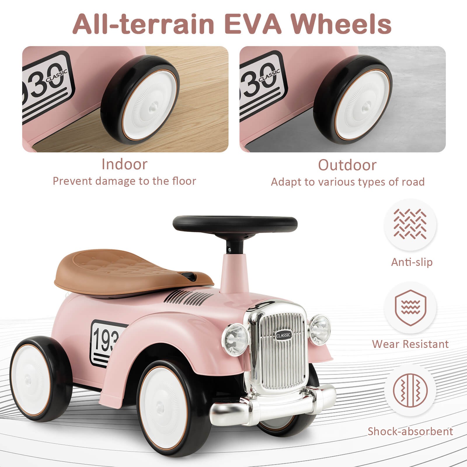 Retro Kids Ride-on Toy w/ Working Steering Wheel, Storage Space, DIY Stickers