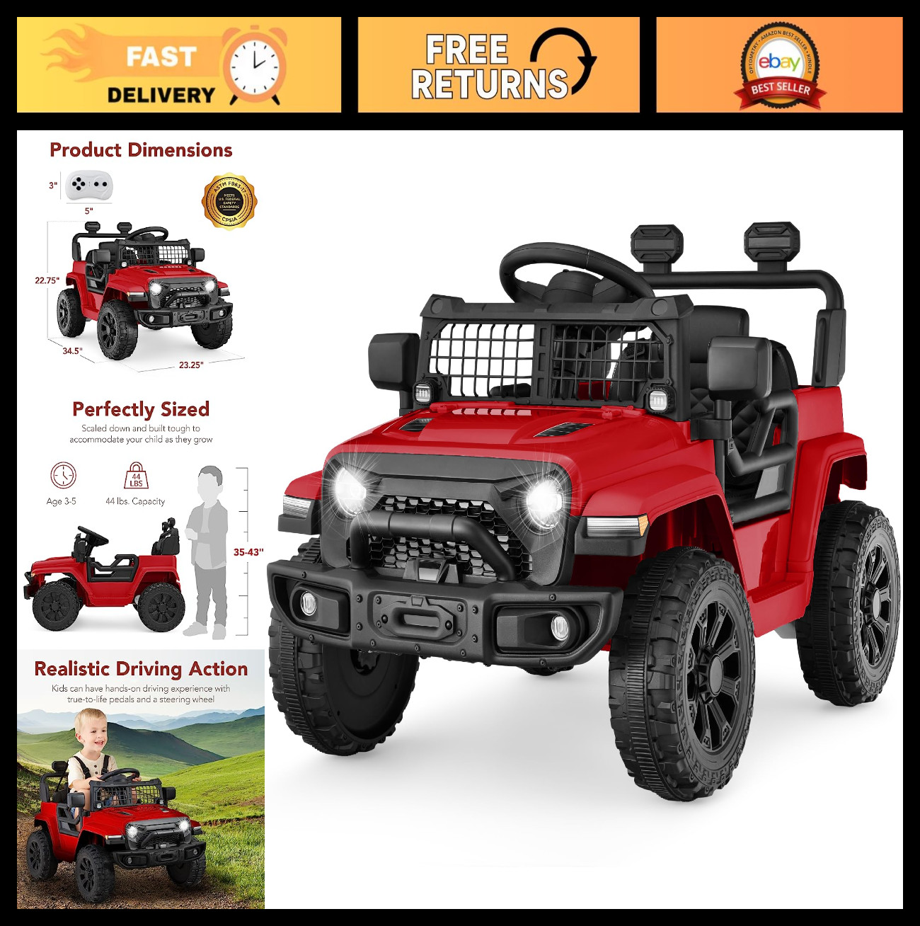 6V Kids Electric Ride-On Truck Toy, Remote Control, 4-Wheel Suspension, LED Ligh