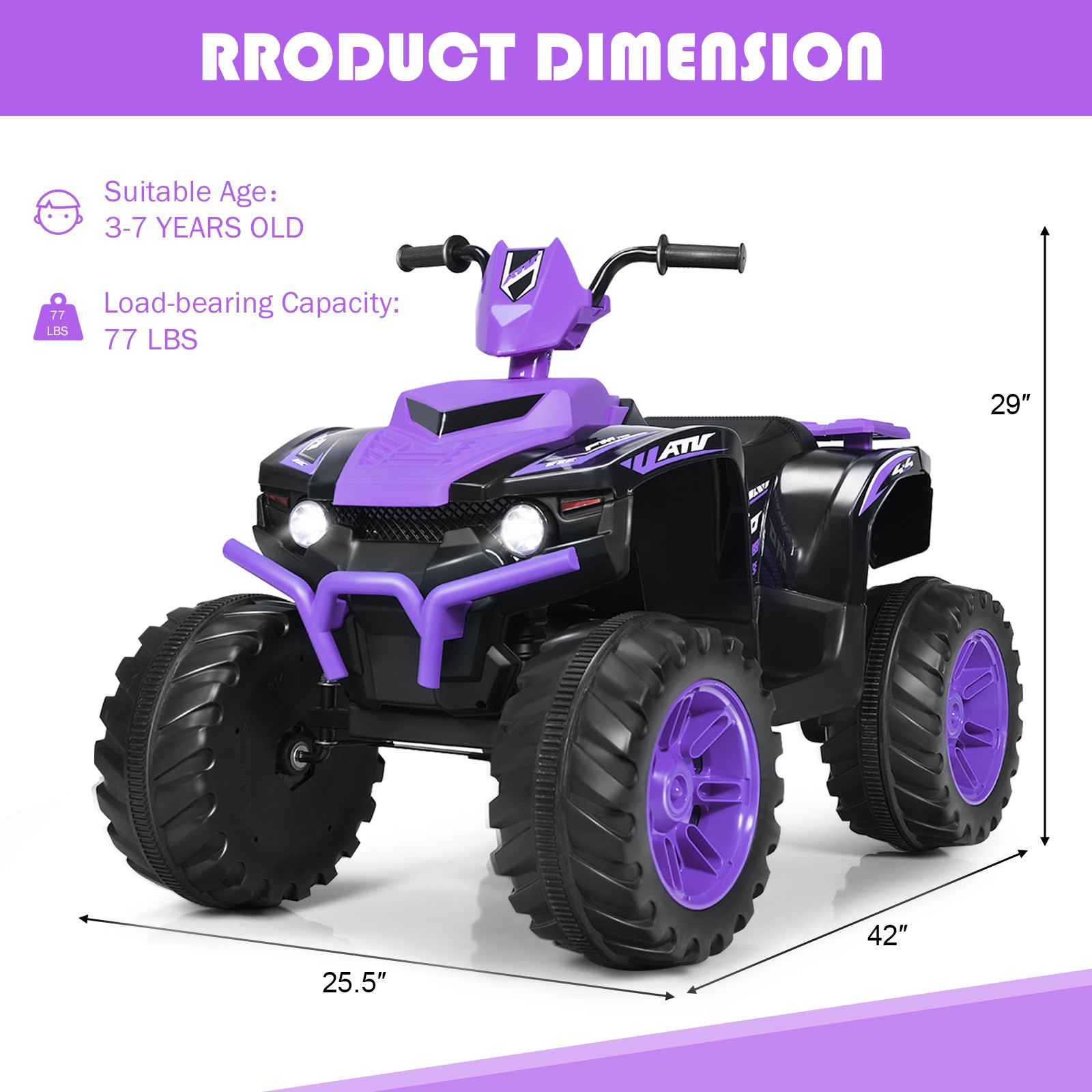 Costway 12V Kids 4-Wheeler ATV Quad Ride On Car w/ LED Light & Music Purple