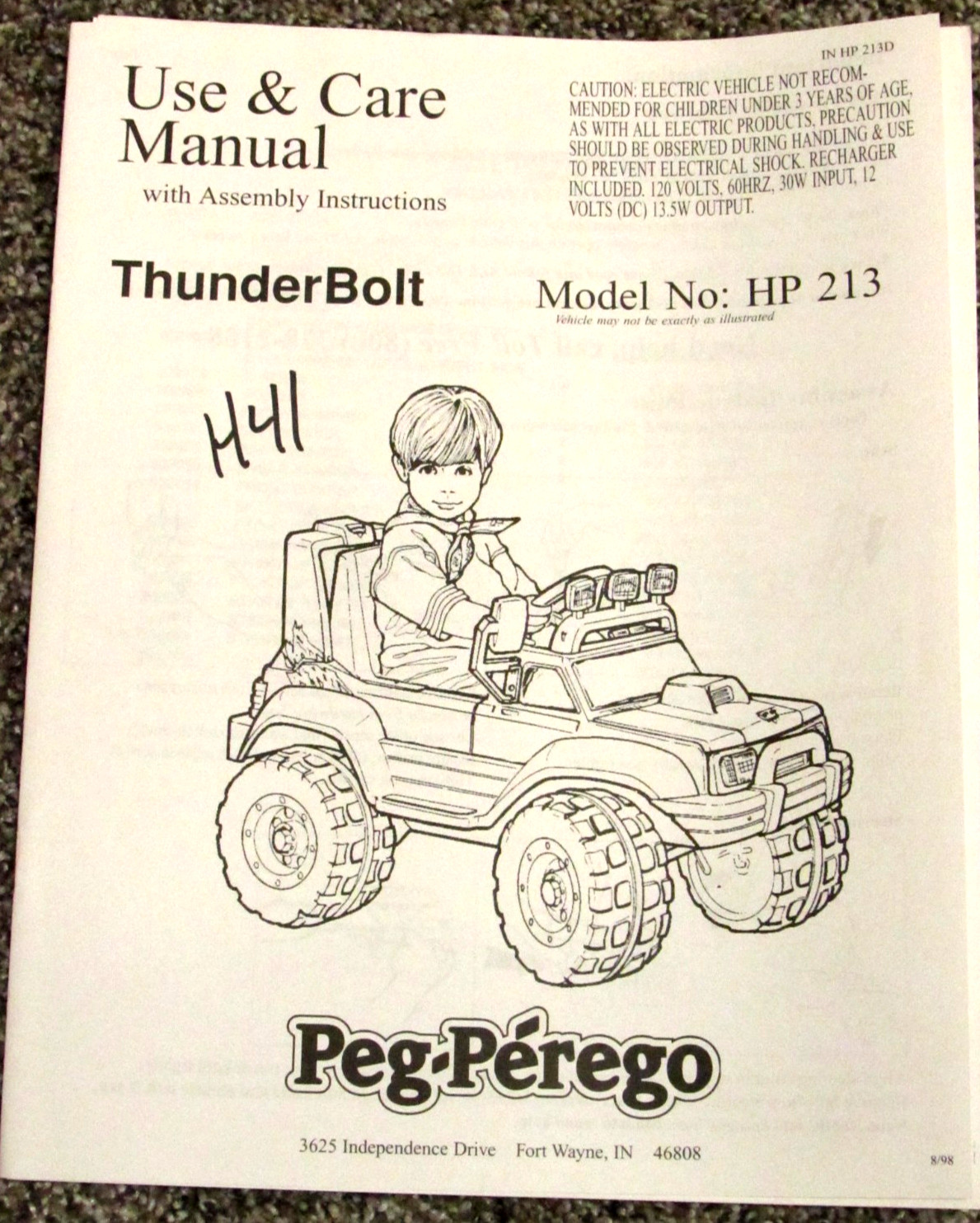 Peg Perego Adventure Thunder Bolt HP213 Use & Care Owners Manual 8/98