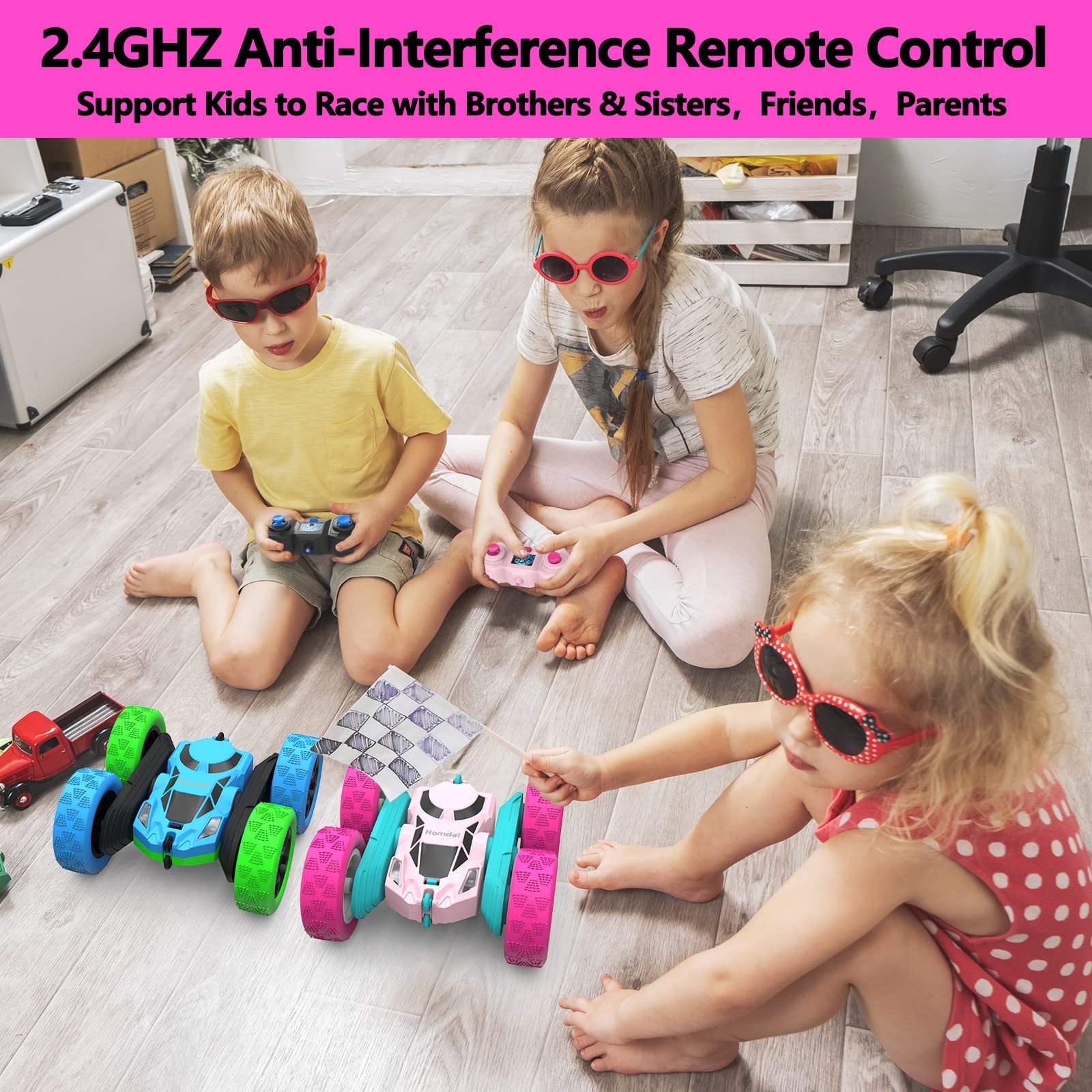 Hamdol Pink Remote Control Car for Girls, 360° Flipping Stunt Car with LED