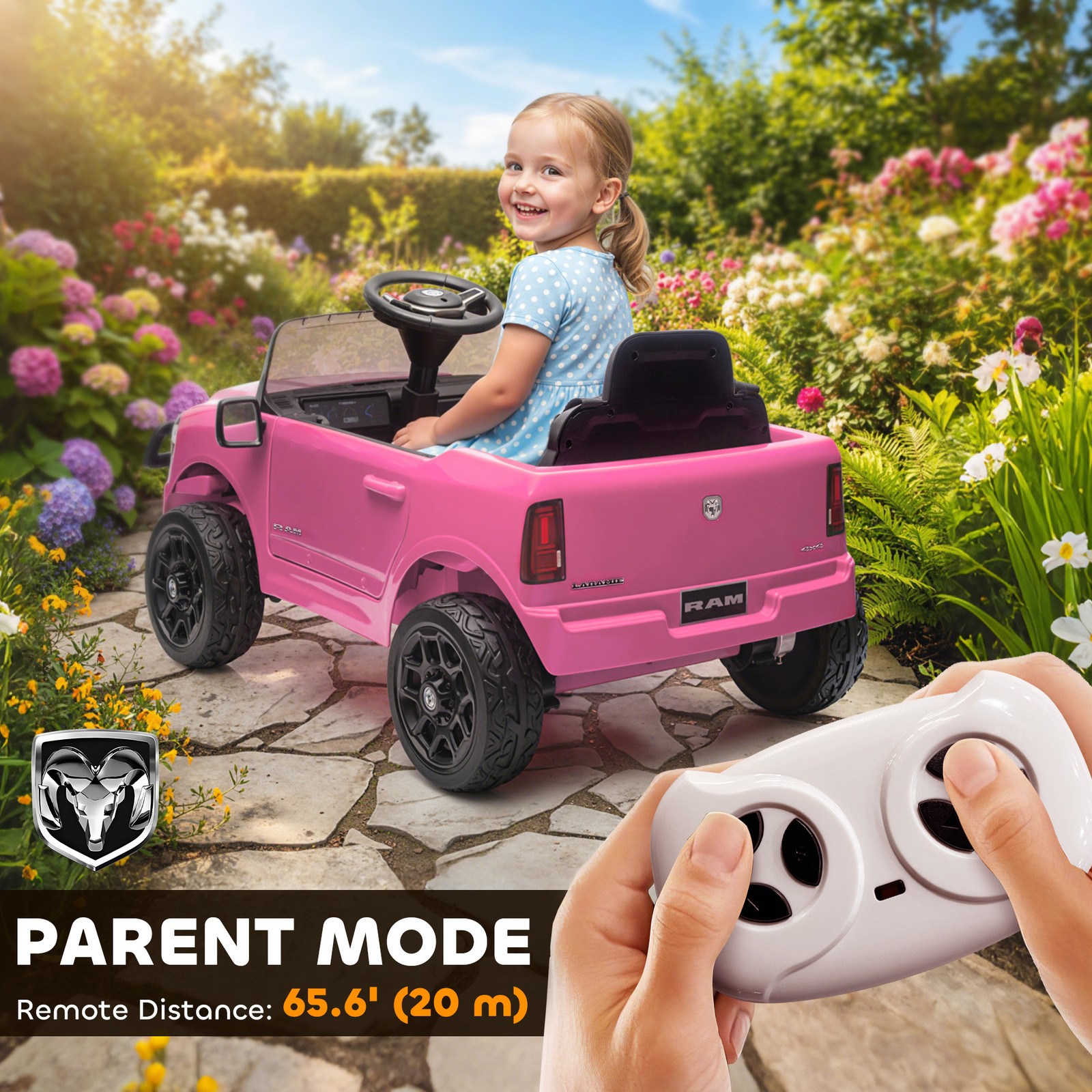 12V Licensed Dodge RAM 3500 Kids Ride on Car with Dual Motors, Pink