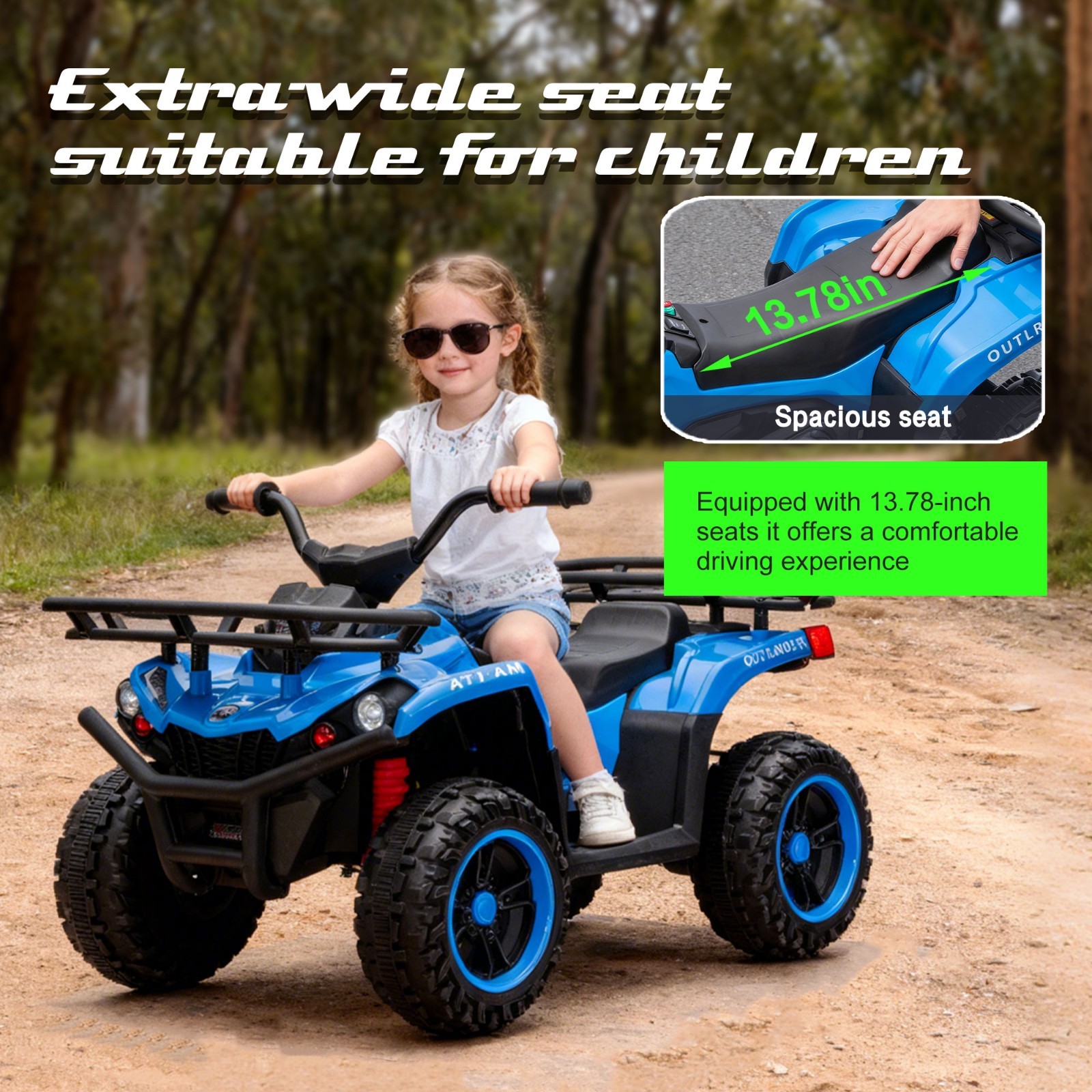24V Kids Ride On ATV, 160W Off-Road Toys w/LED, Dual Storage Racks,Blue