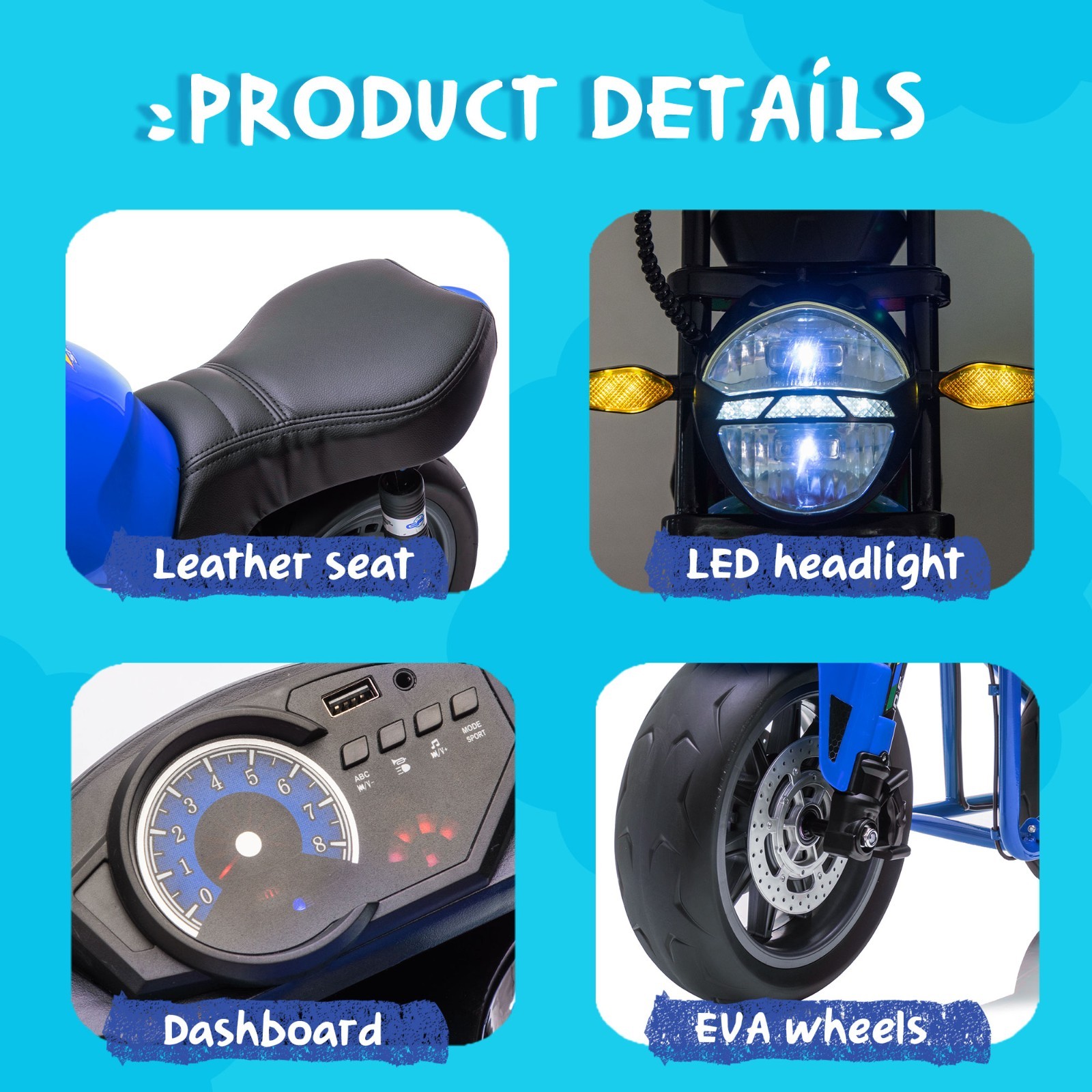 24V Kids Electric Motorcycle w/14in EVA Wheels, 300W Motor for Kids 6+,Blue