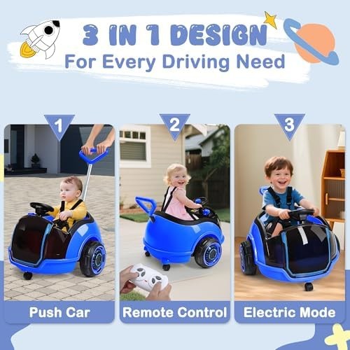ANPABO 3-in-1 Electric Push Ride On Car, 12V Kids Ride On Toy w/Remote Contro…