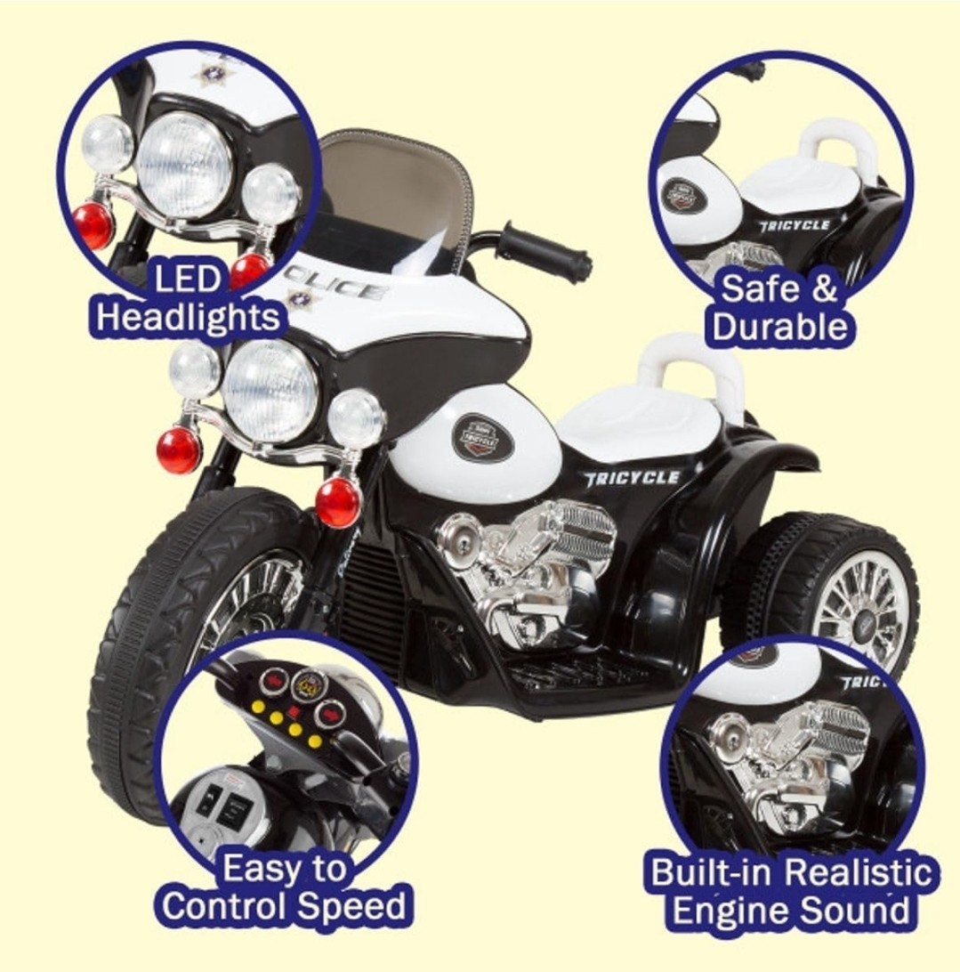 Kids Electric Police Motorcycle 3-Wheel Ride, Reverse, Headlights, Decals, Black