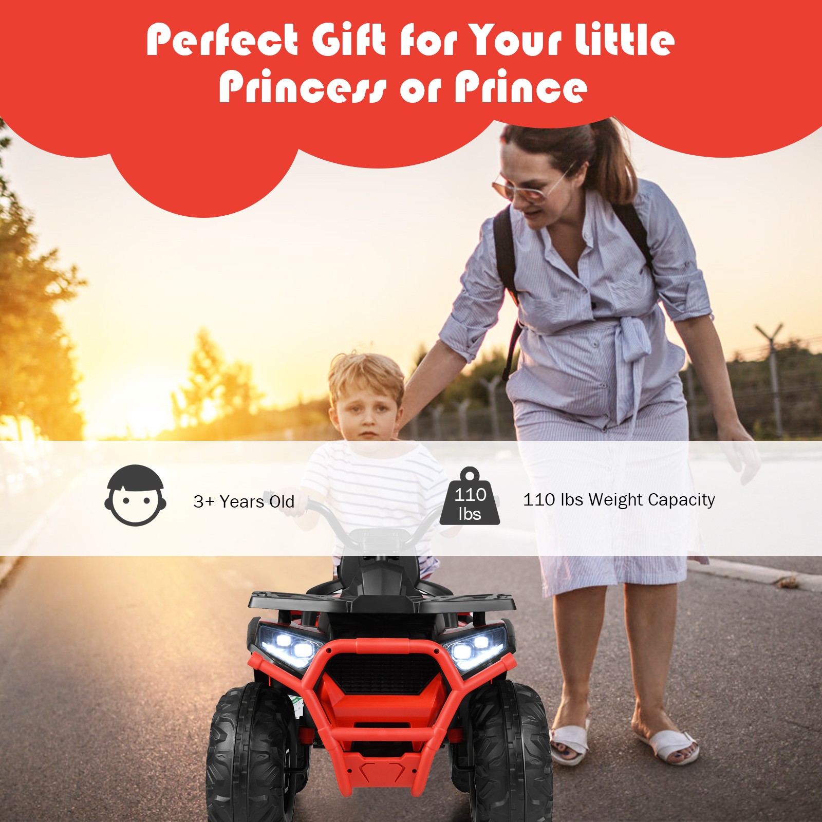 12V Kids Electric 4-Wheeler ATV Quad 2 Speeds Ride On Car w/MP3&LED Lights Red
