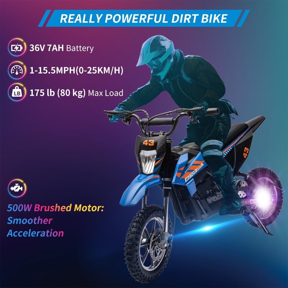 36V Electric Dirt Bike for Kids Ride on Motorcycle Brushed Motor + LED Headlight