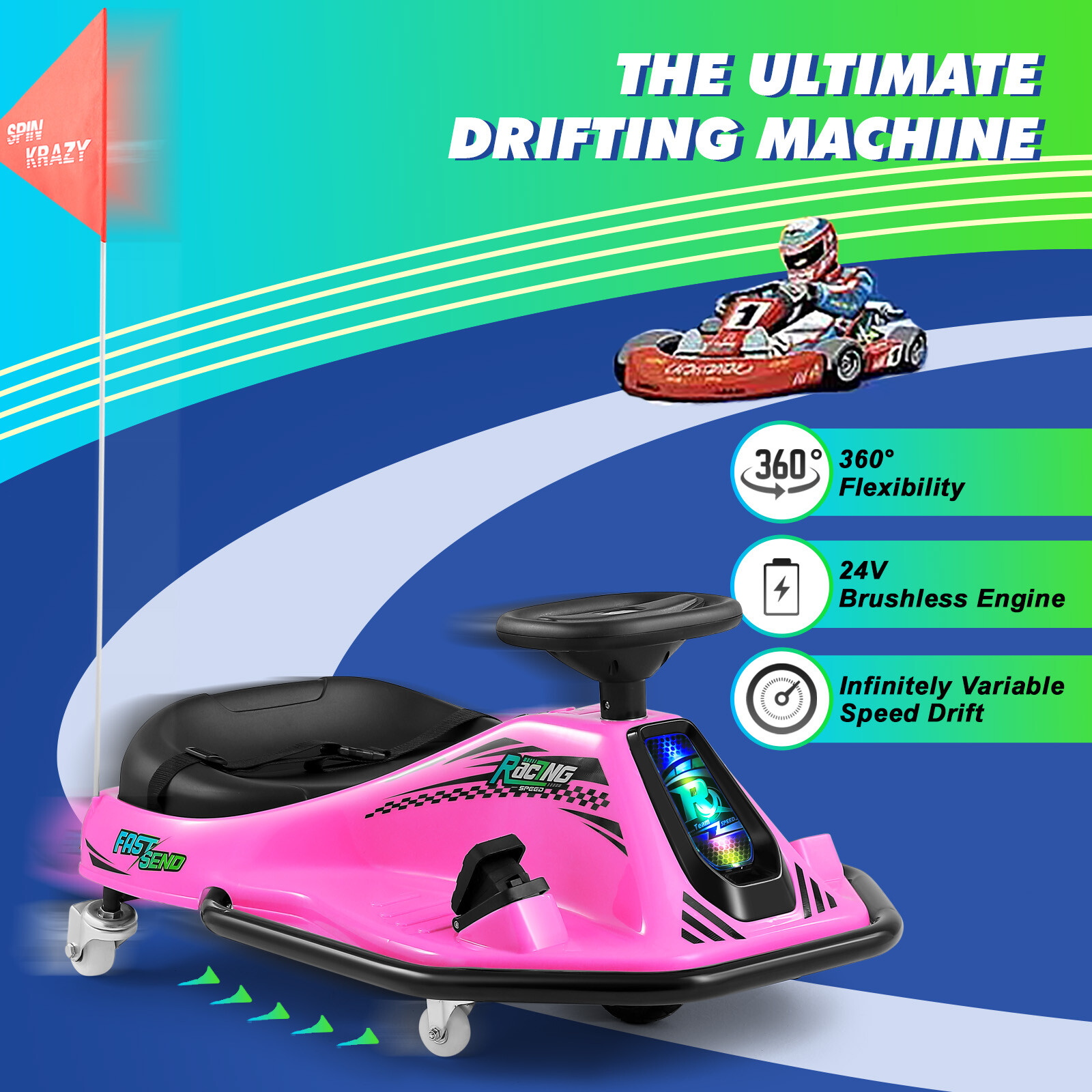 24V Electric 360° Rotating Ride On Drifting Car with 2Speed,Flag,Bluetooth,Music