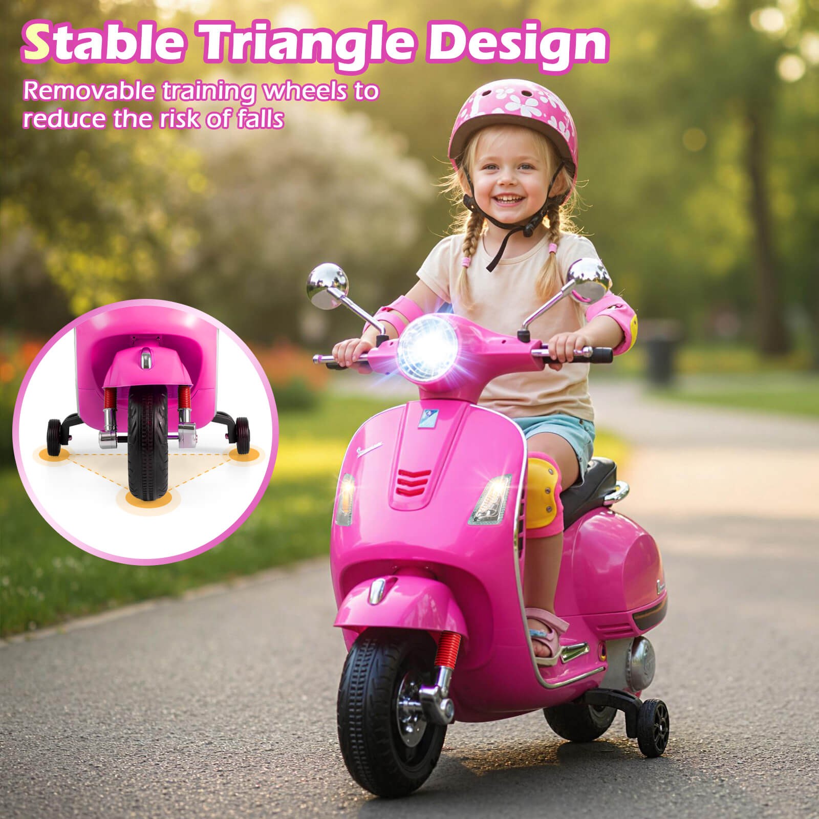 Licensed VESPA 12V Kids Electric Motorcycle w/Music Horn Story Training Wheels