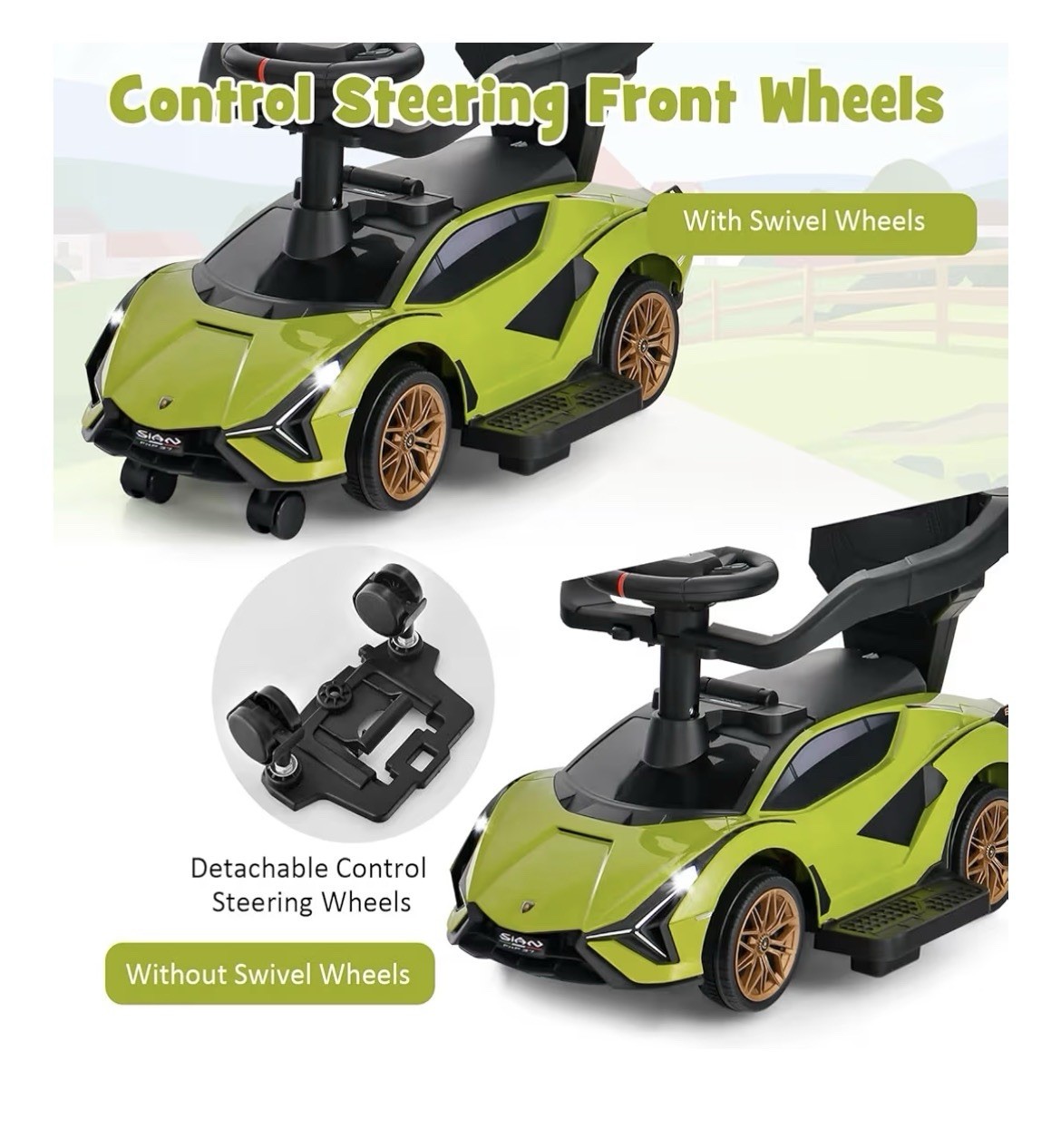 3-in-1 Licensed Lamborghini Ride on Push Car Stroller Sliding Car w/ Sound Green
