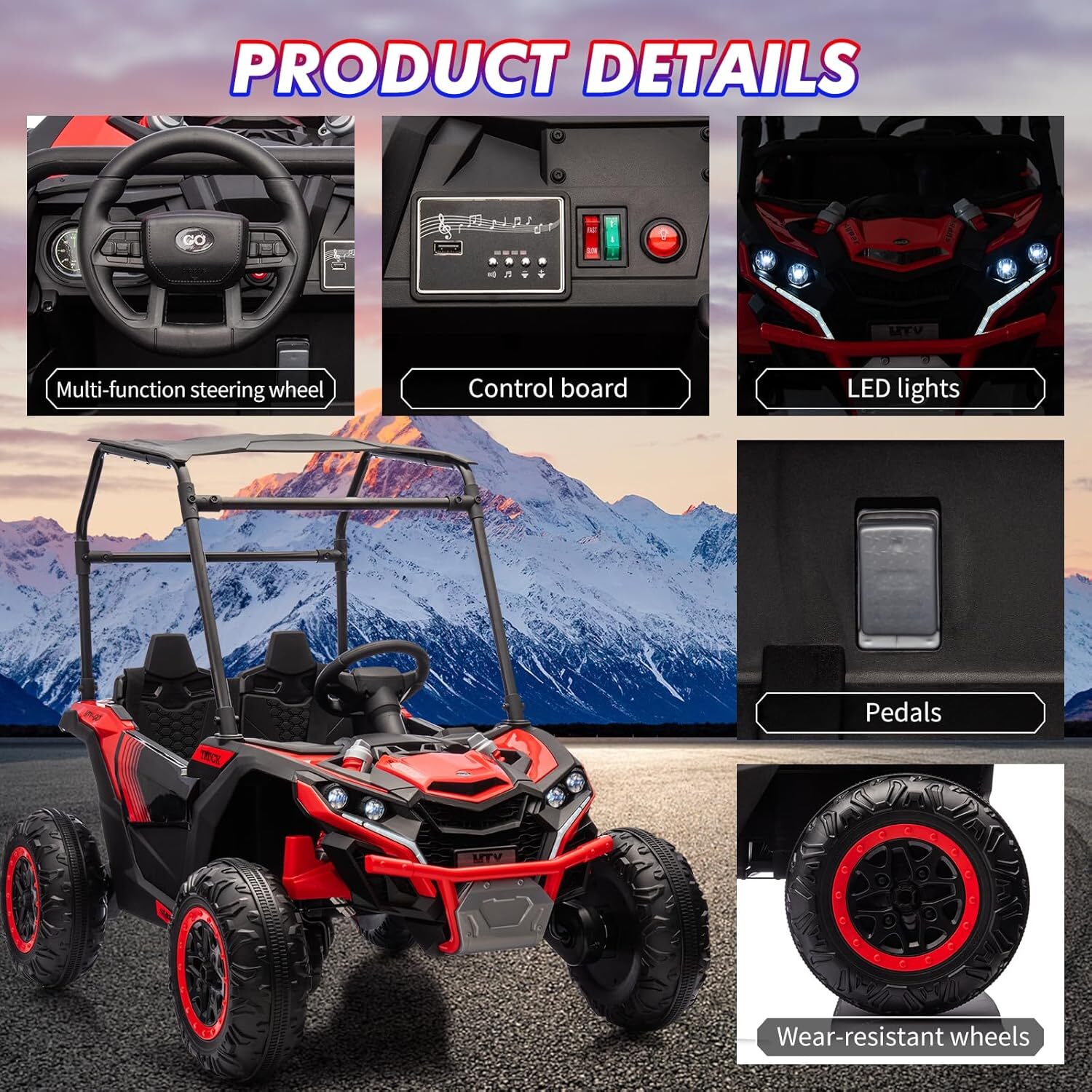 24V Ride On Utv, 2 Seater Electric Truck With Sun Shade, 4WD Electric Car Toy