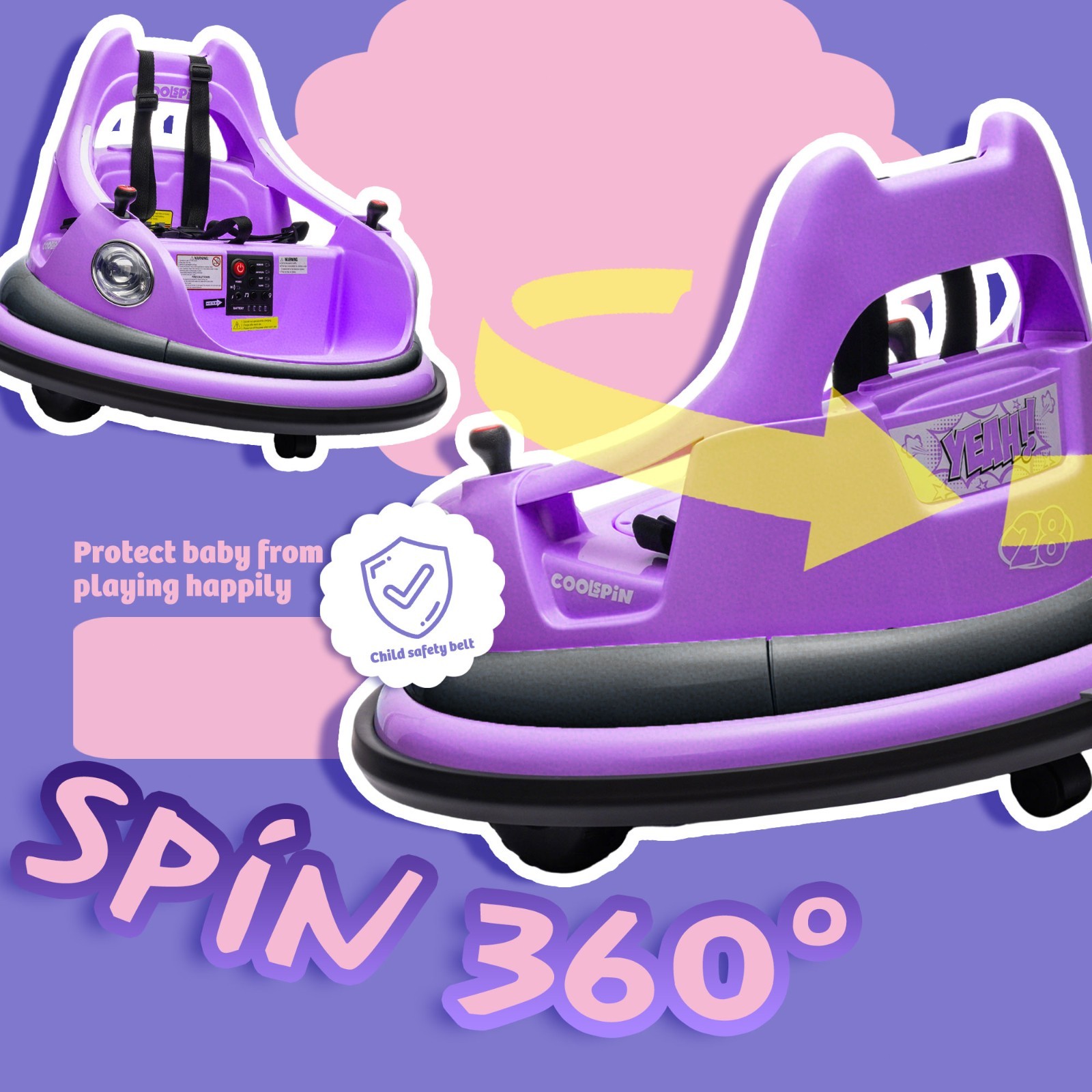 12V Kids Ride on Bumper Electric Car Toys w/Remote, LED, 360 Degree Spin,Purple