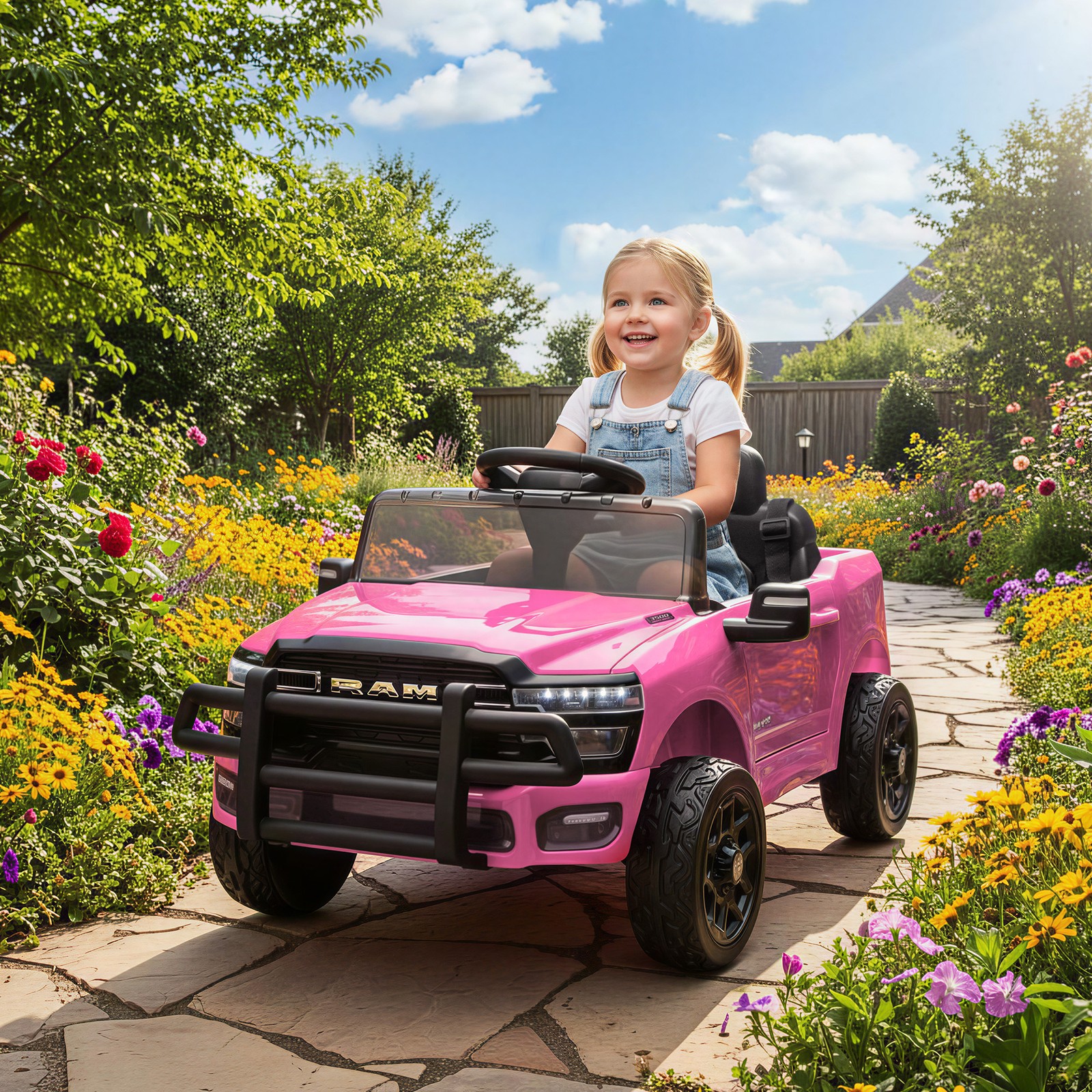 Qaba 12V Licensed Dodge RAM 3500 Kids Ride on Car with Dual Motors, Pink