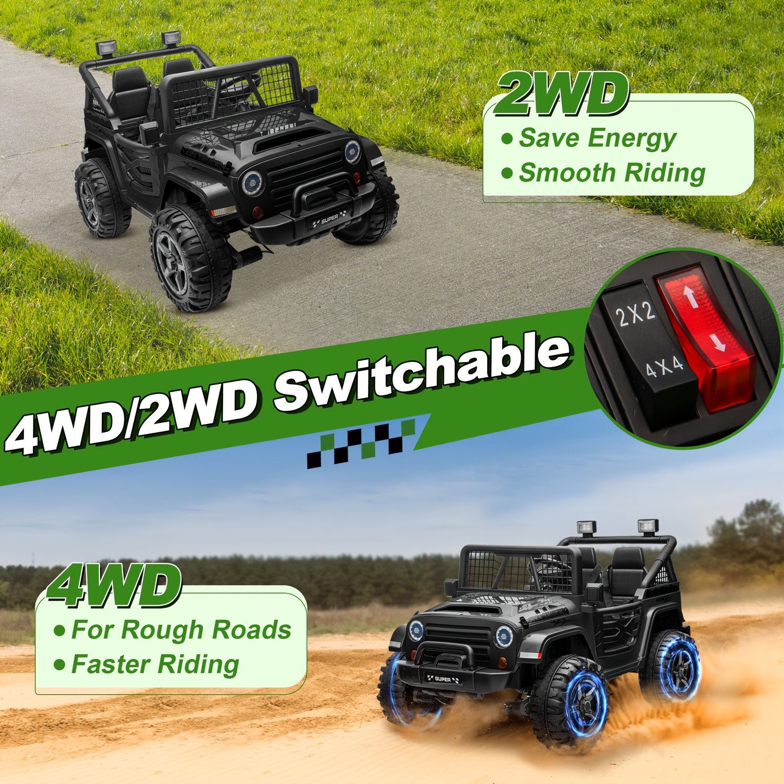 24V 2-Seater Ride On Car Kids Electric Jeep 4WD w/Remote, Black – FAST SHIP