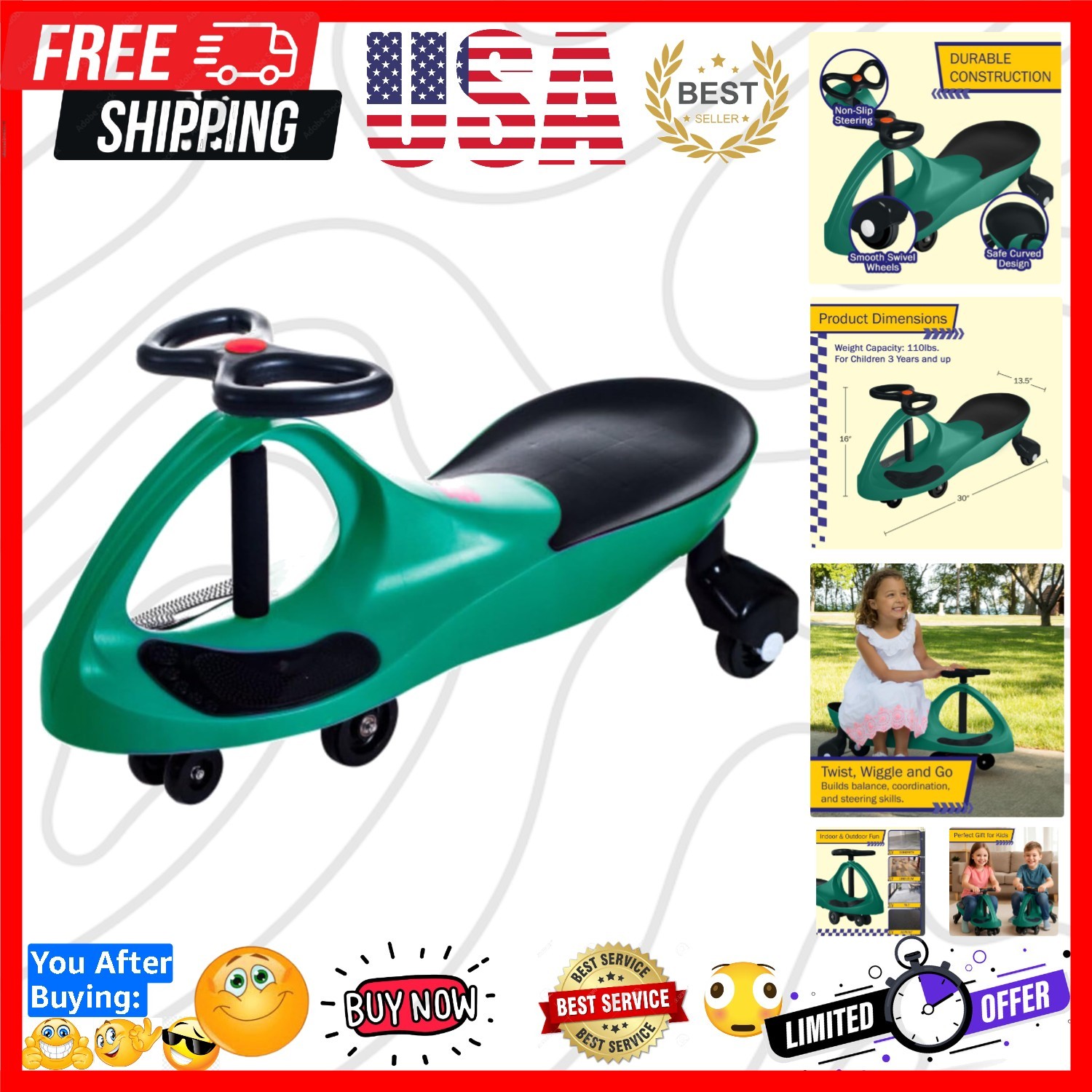 Wiggle Car Ride On Toy – No Batteries, Gears or Pedals – Twist, Swivel, Go – …