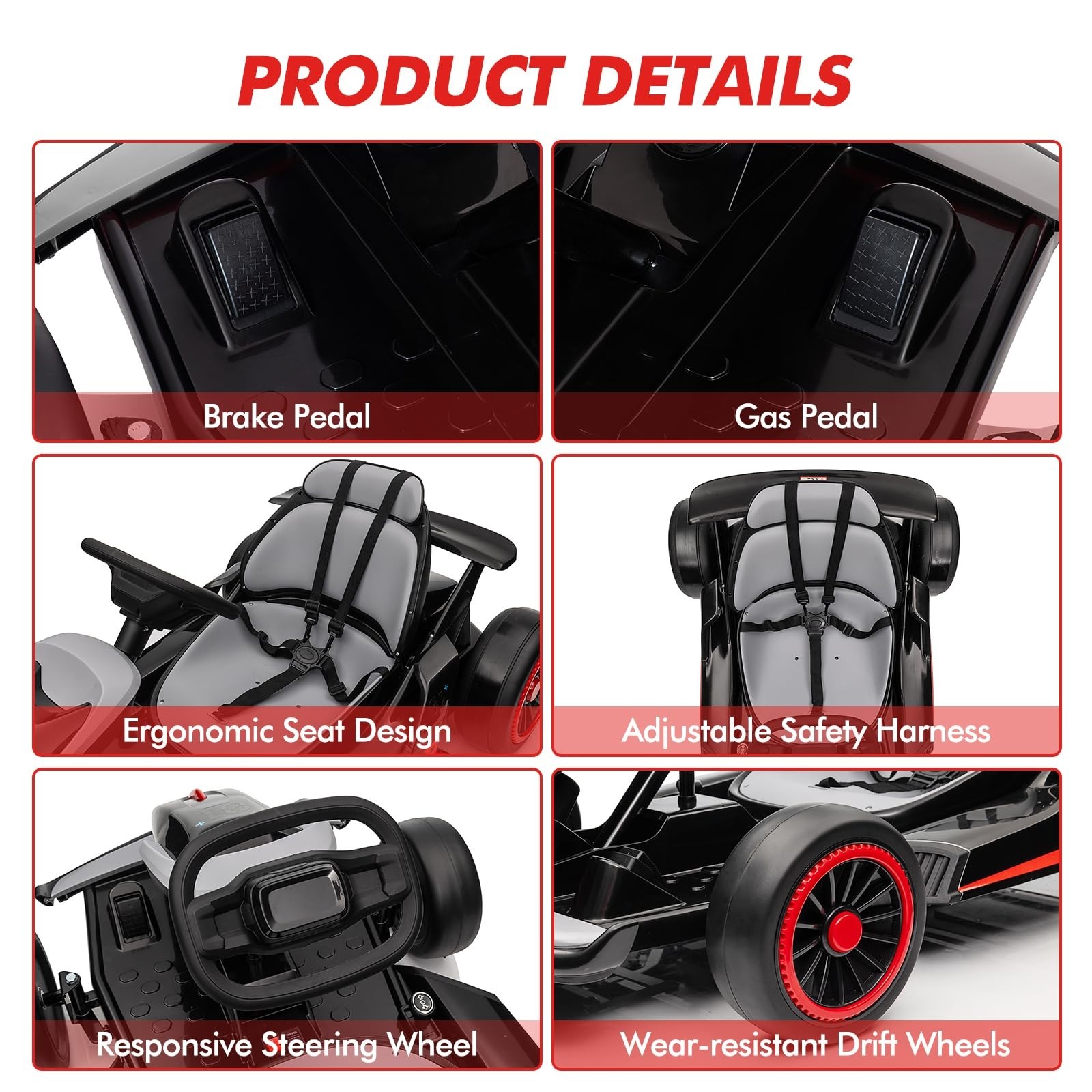 24V Go Kart for Kids Child Electric Drift Go Cart With Music 5-Point Safety Belt