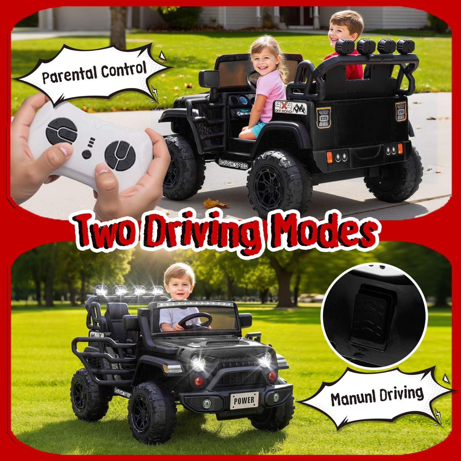 24V 2 Seater Electric Car Ride on Truck for Kids w/Remote,Power Wheels Jeep,Blac