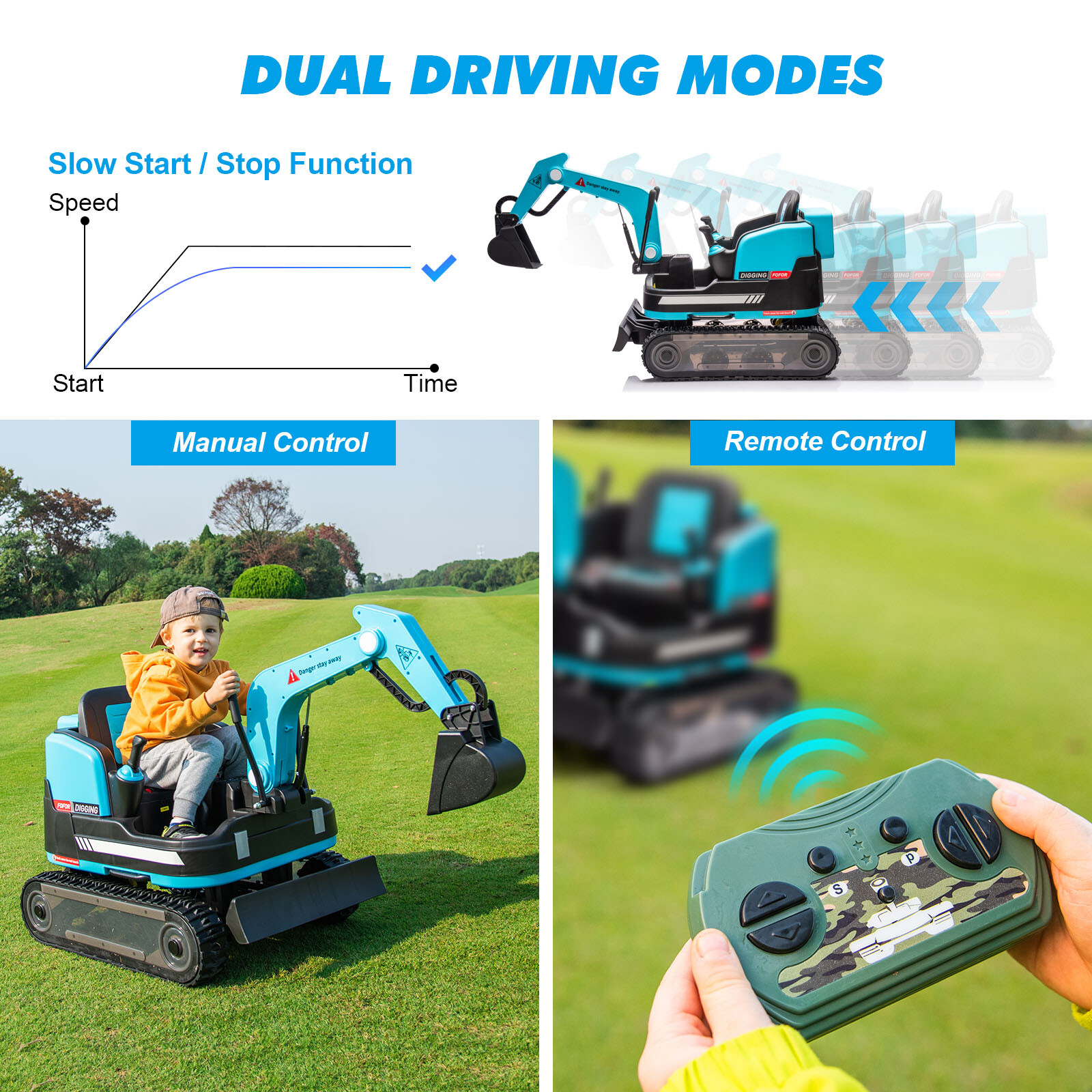 2in1 12V 360° Kids Blue Ride on Excavator Traxcavator Toys with RC