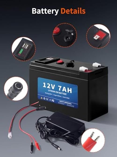 12V 7Ah Lithium Battery, Replacement Battery for Power Wheels 12 Volt, 2 USB