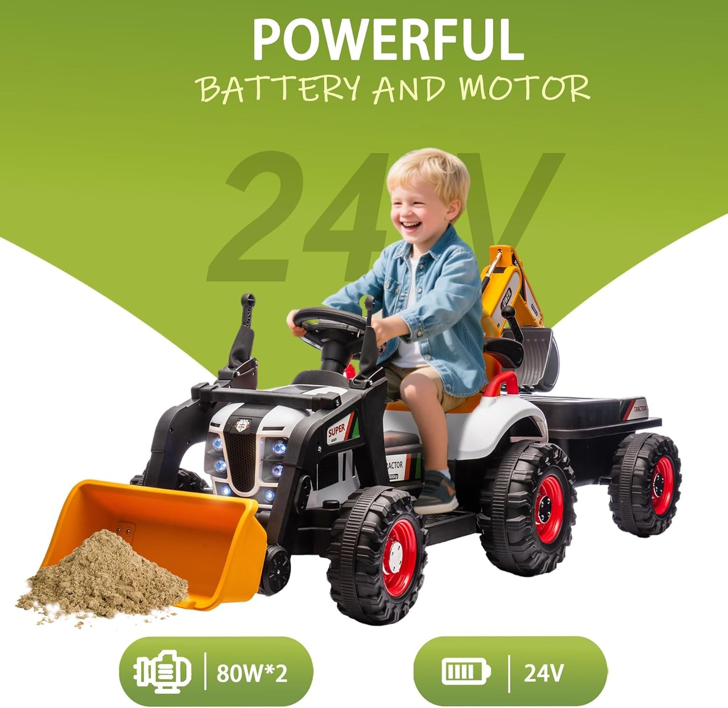 24V Kids Ride on Excavator 4-in-1 Tractor Bulldozer Dump Truck w/ Remote Control