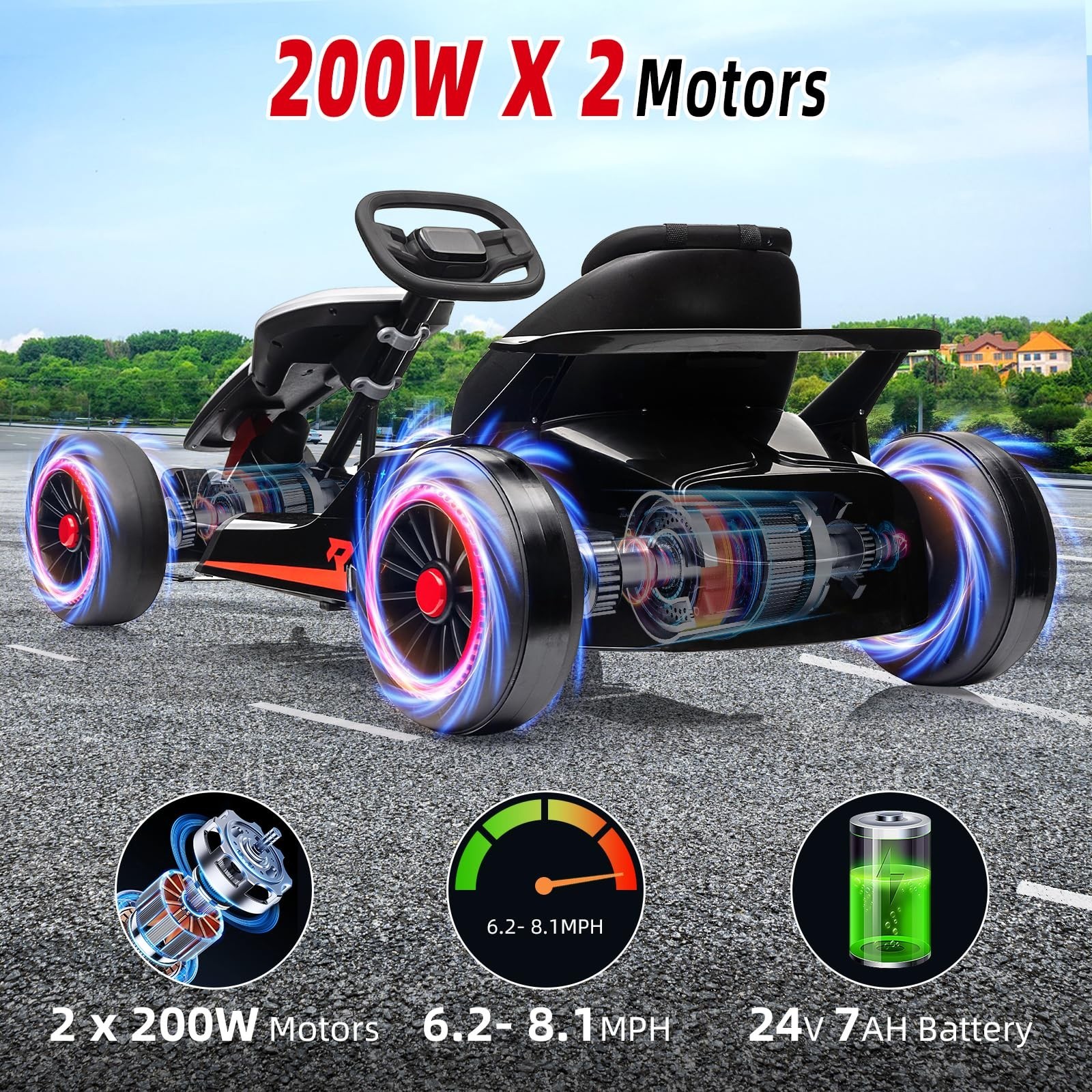 24V Go Kart for Kids Child Electric Drift Go Cart With Music 5-Point Safety Belt