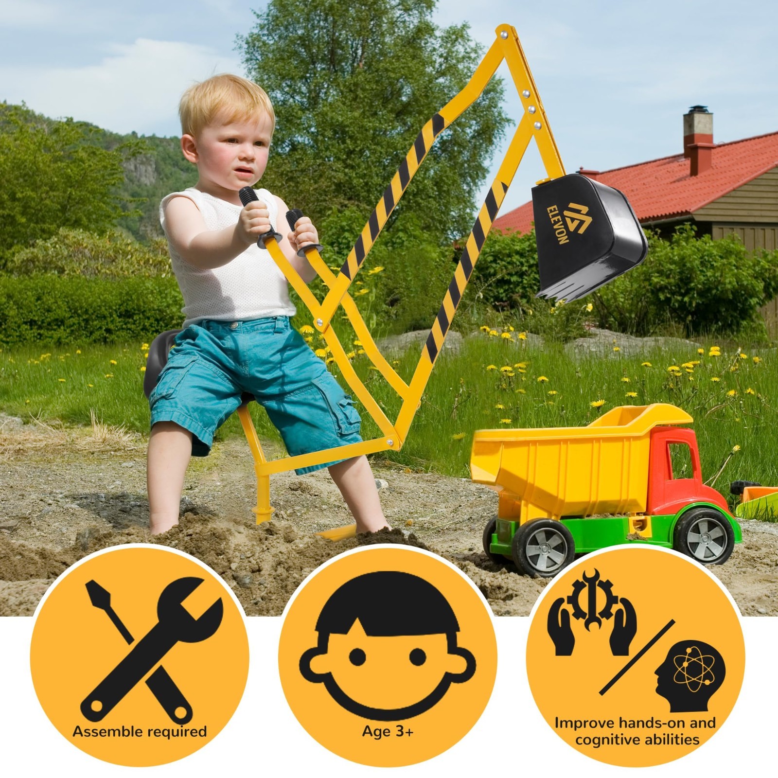 Kids Excavator Ride-On Toy, 360° Rotating Digger for Beach & Sandbox Fun, Steel