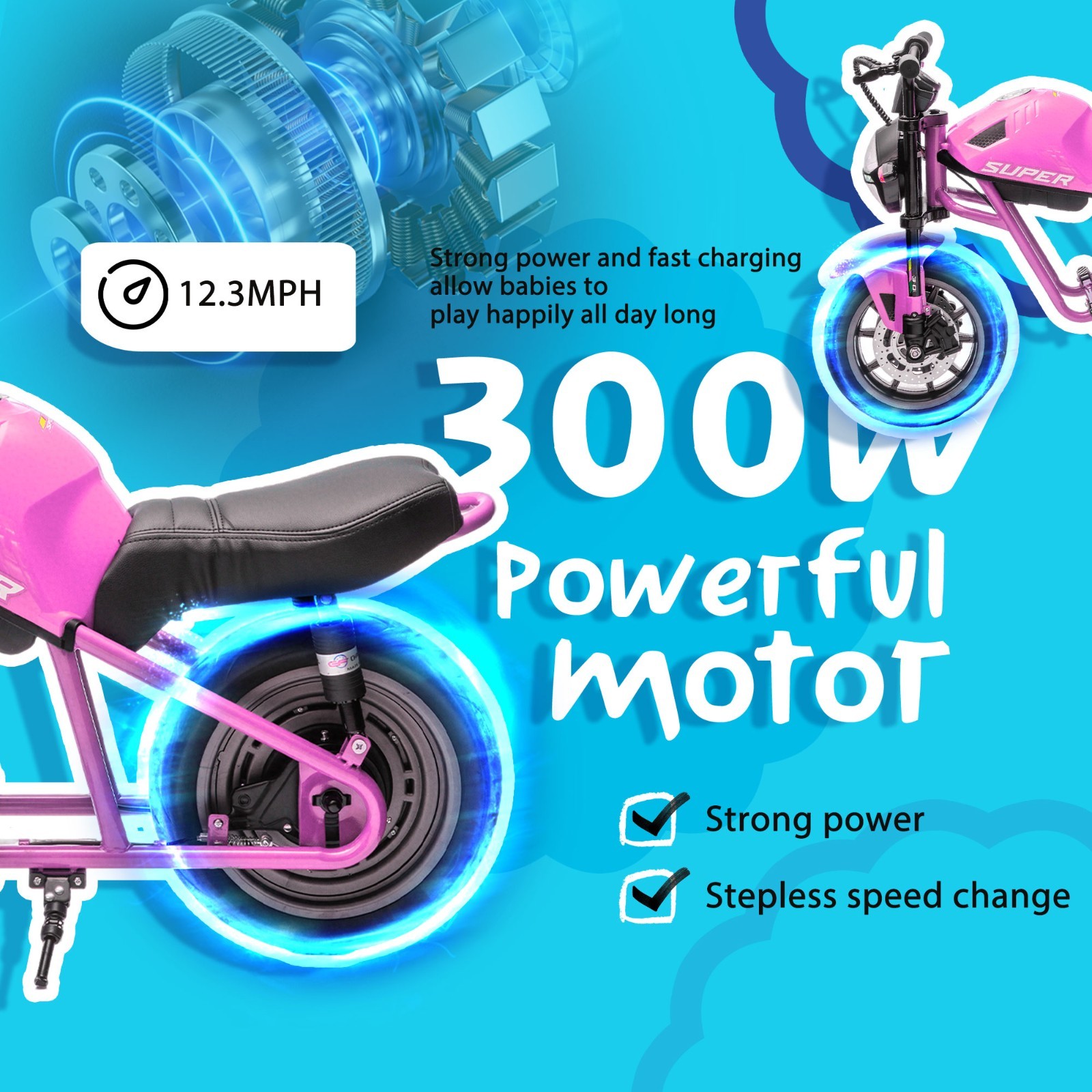 24V Kids Electric Motorcycle w/14in EVA Wheels, 300W Motor for Kids 6+,Pink