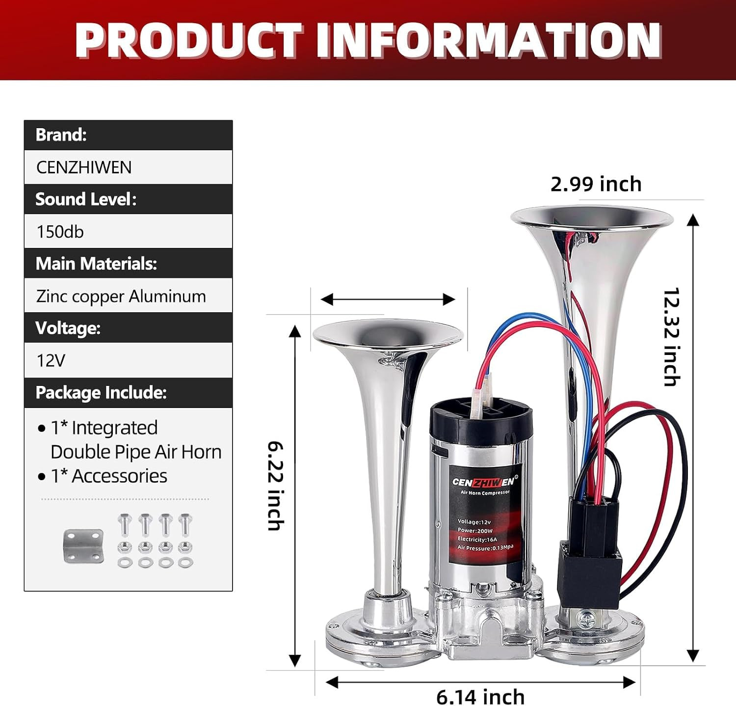Air Horn for Car/Trucks, 150Db Super Loud Train Horn,With All-In-One 12V Air Com
