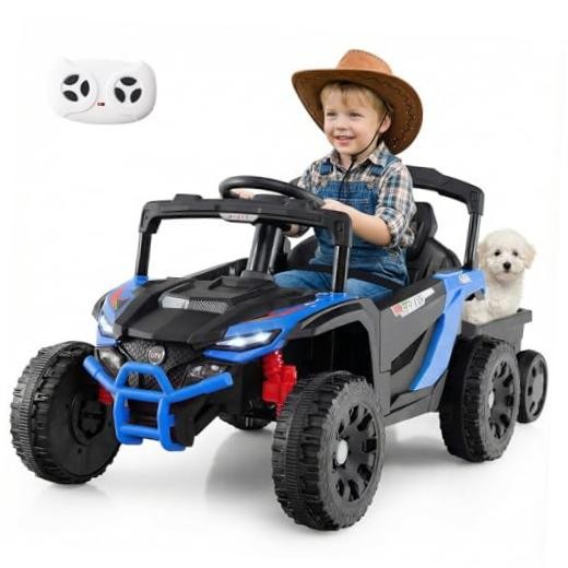 Kids Ride On UTV Car with Detachable Trailer – 12V Battery – Blue with Trailer