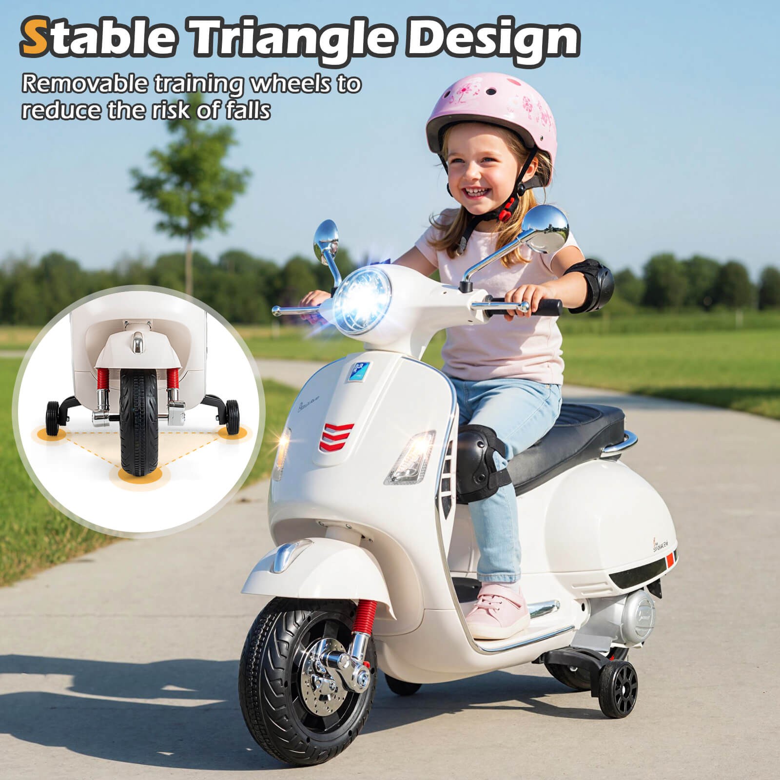 Licensed VESPA 12V Kids Electric Motorcycle w/Music Horn Story Training Wheels