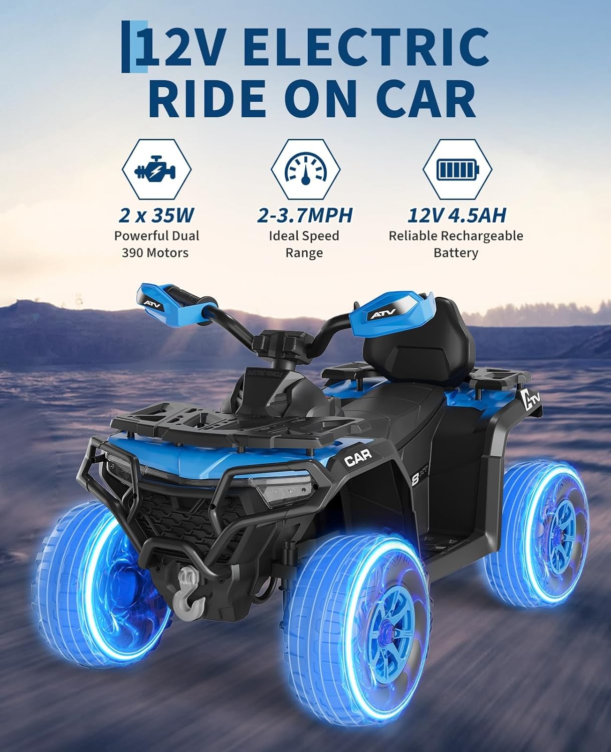 12V Kids 4 Wheeler ATV Quad Car Off-road Ride on Toy w/ LED MP3 2X35W Motor Blue