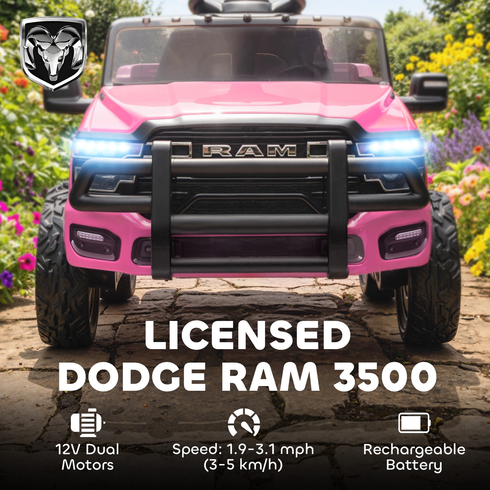 12V Licensed Dodge RAM 3500 Kids Ride on Car with Dual Motors, Pink