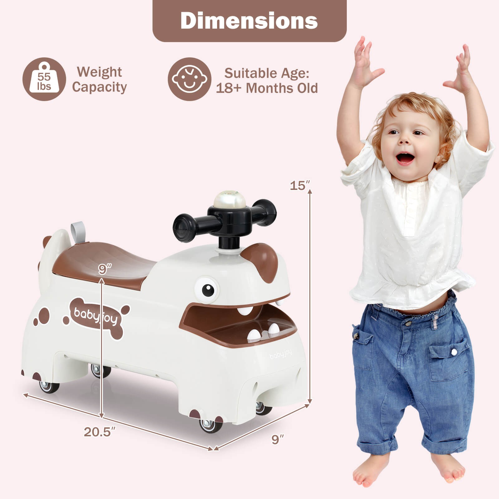 Ride on Toy Baby Dinosaur Sliding Car w/ 4 Universal Casters Under-Seat Storage