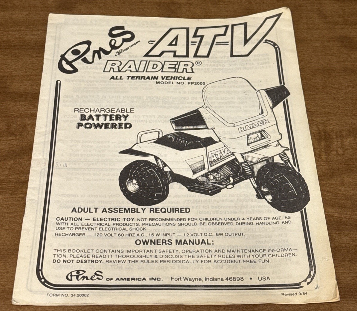 Vintage Pines ATV Raider PP2000 Owners Manual 1984 Battery Ride-On Vehicle