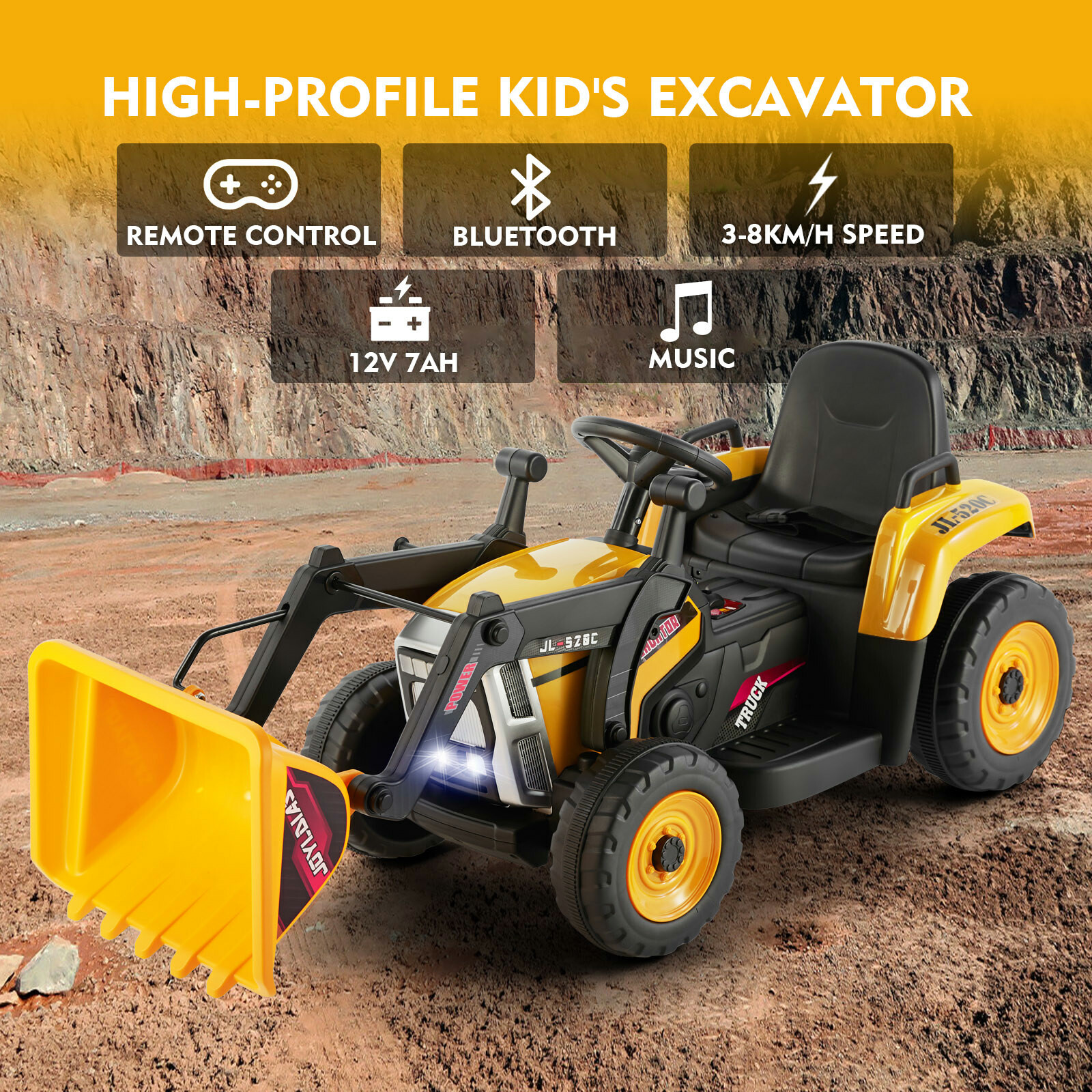 12V Electric Ride On Excavator Digger 3 Speeds Bluetooth Music Light w/RC Yellow